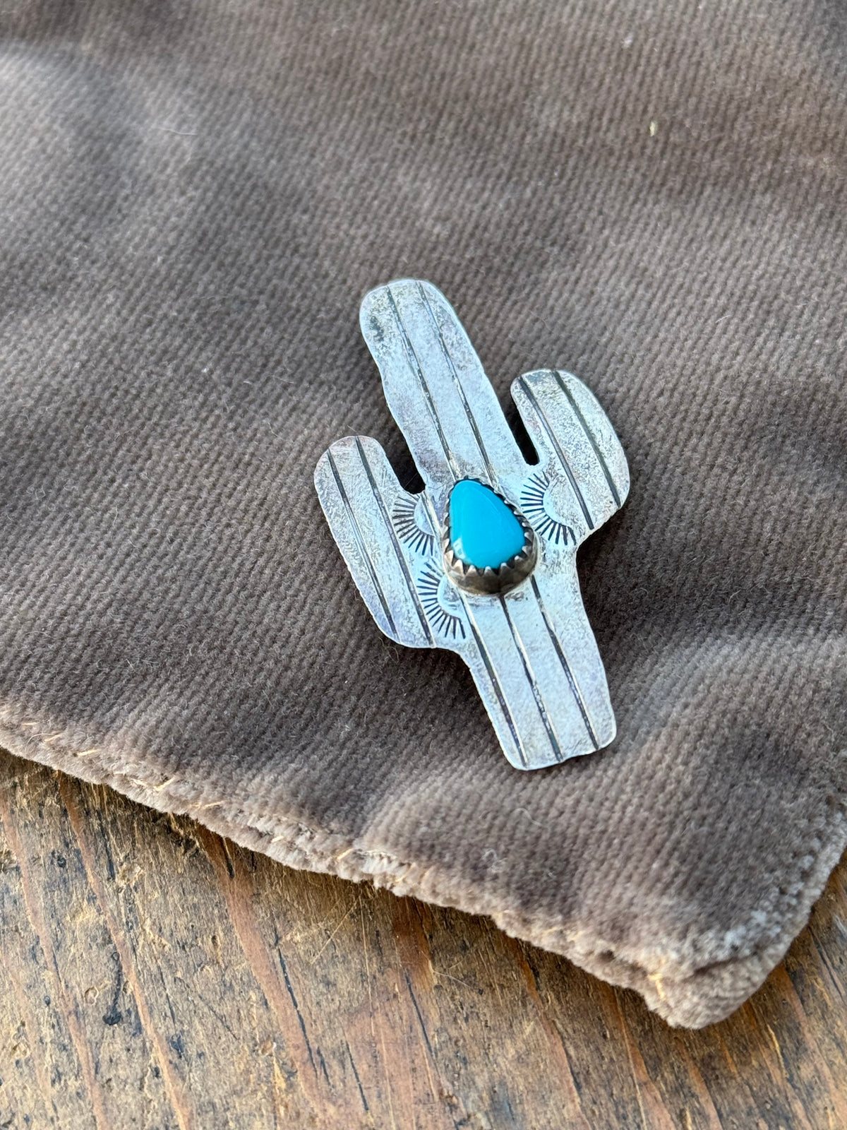 Vintage Sterling Silver Turquoise Cactus Pin