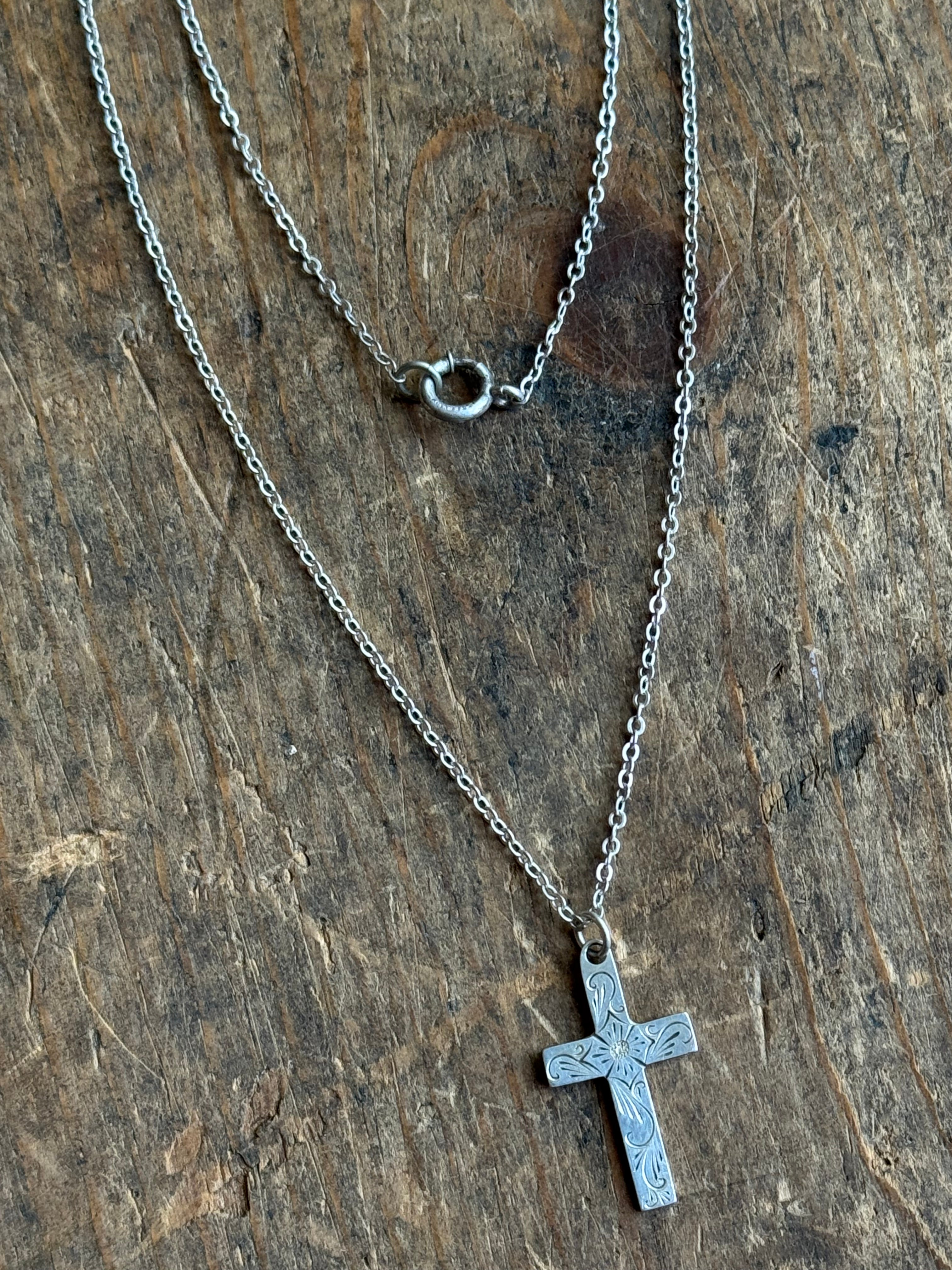 Vintage Sterling Silver Etched Cross Necklace