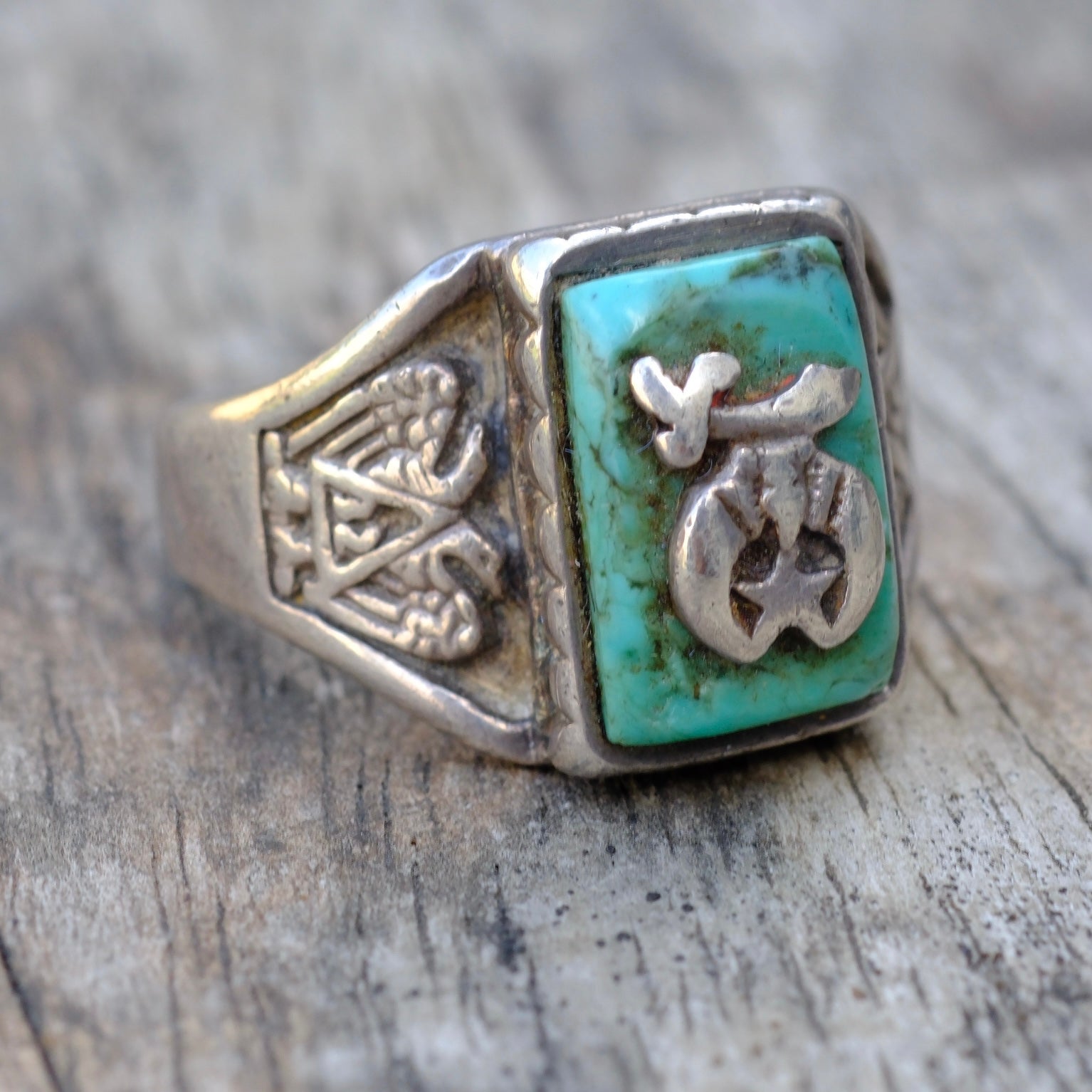 Vintage Sterling Turquoise Masonic Signet Ring 11