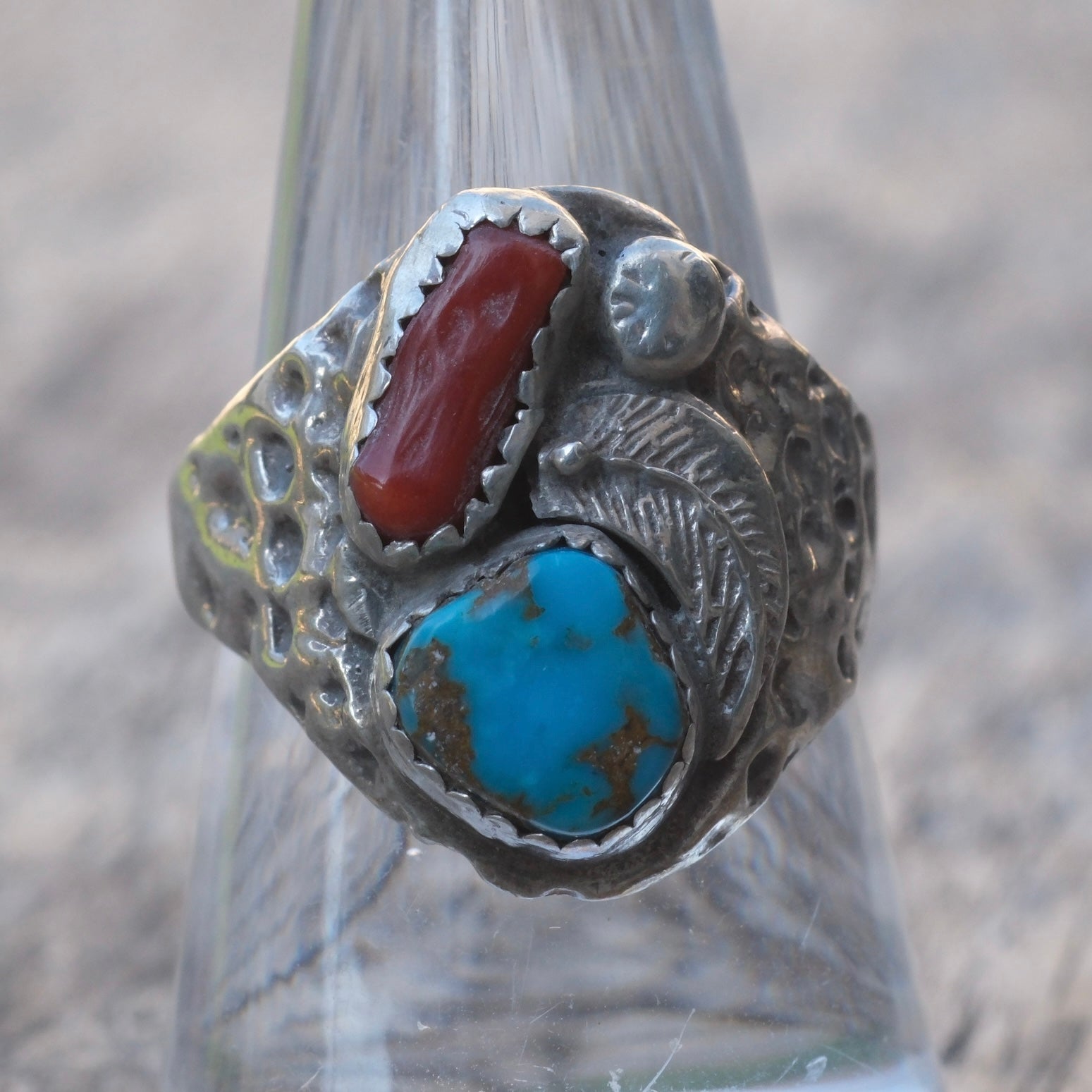 Vintage Sterling Turquoise and Coral Feather Ring 8.5