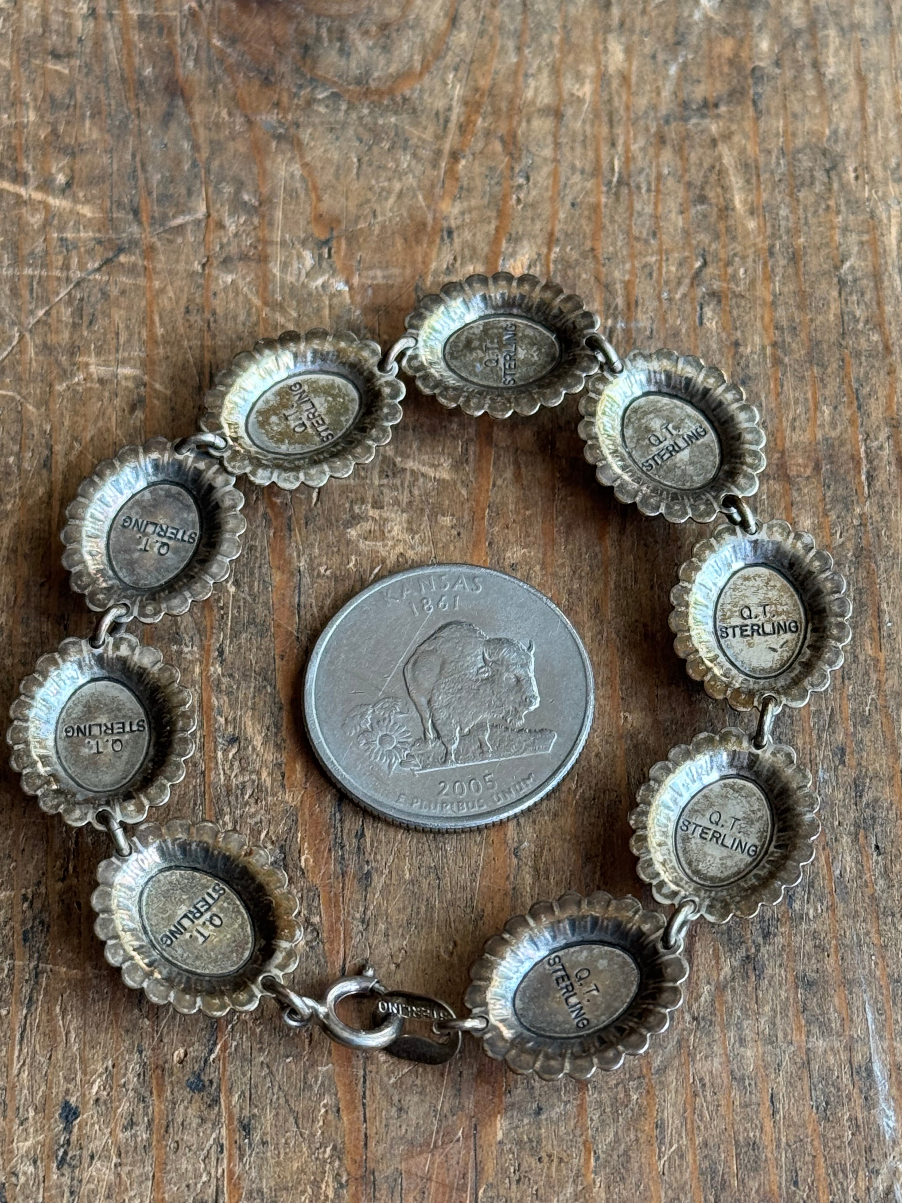 Vintage Sterling Silver 7.25” Multistone Inlay Concho Link Bracelet
