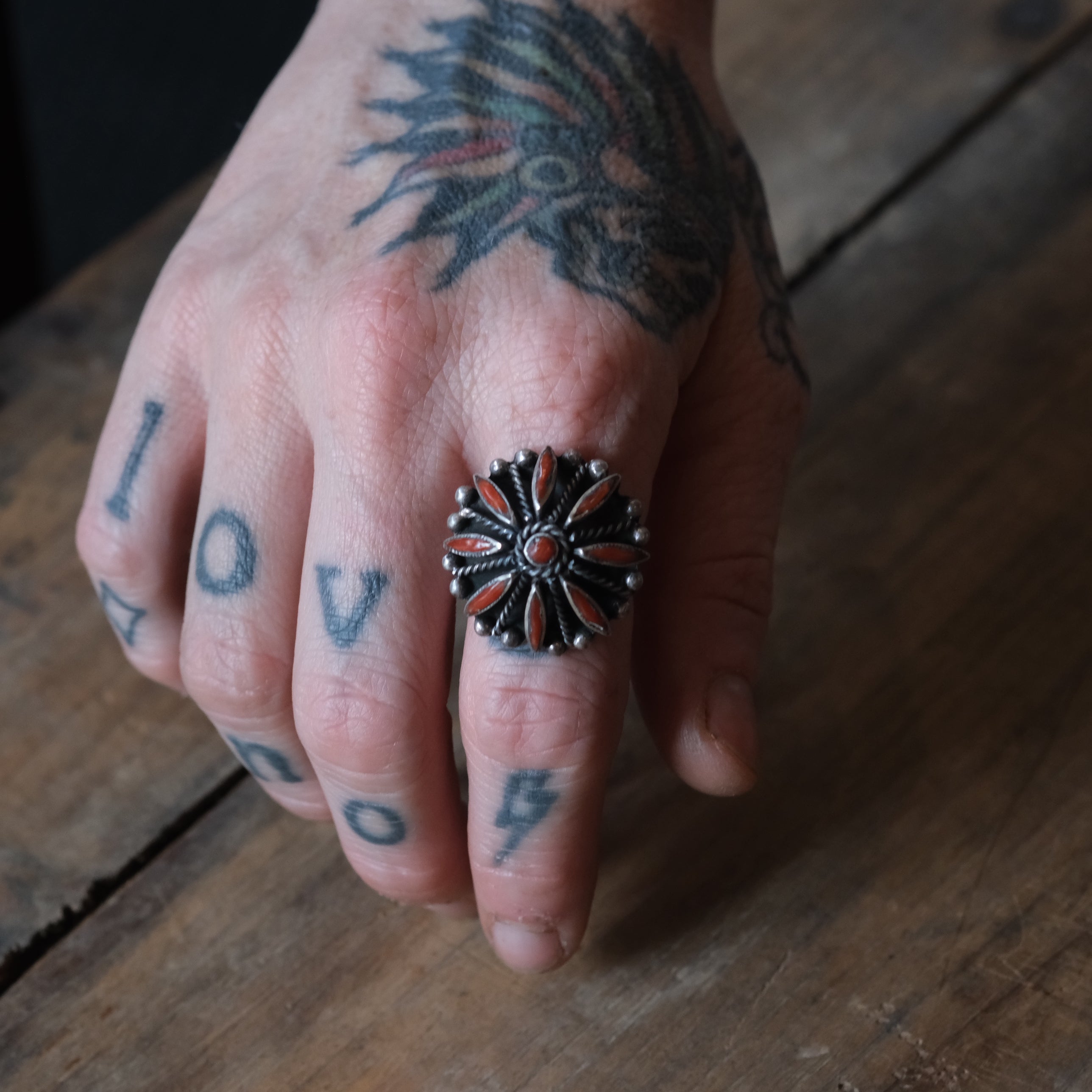 Vintage Sterling Coral Cluster Ring 7.5