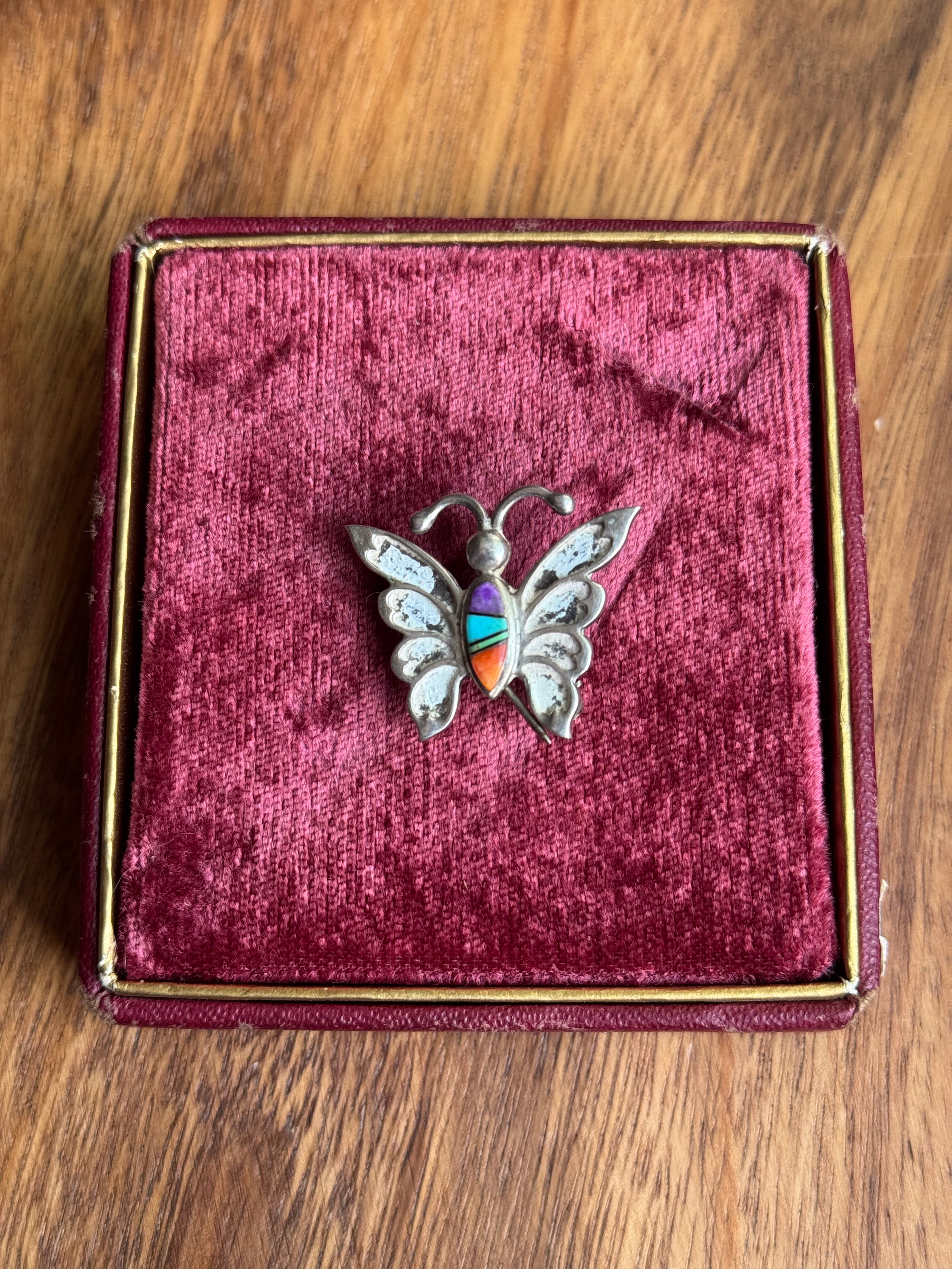 Vintage Sterling Silver Multistone Inlay Butterfly Pin