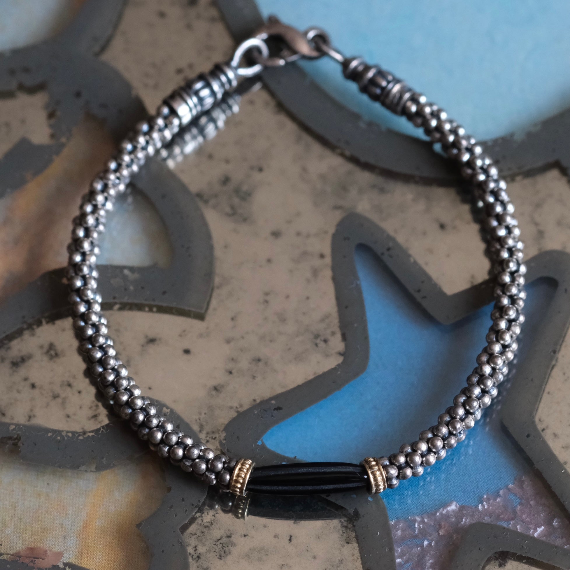 Vintage Sterling Silver Onyx Popcorn Chain Bracelet 7.25"