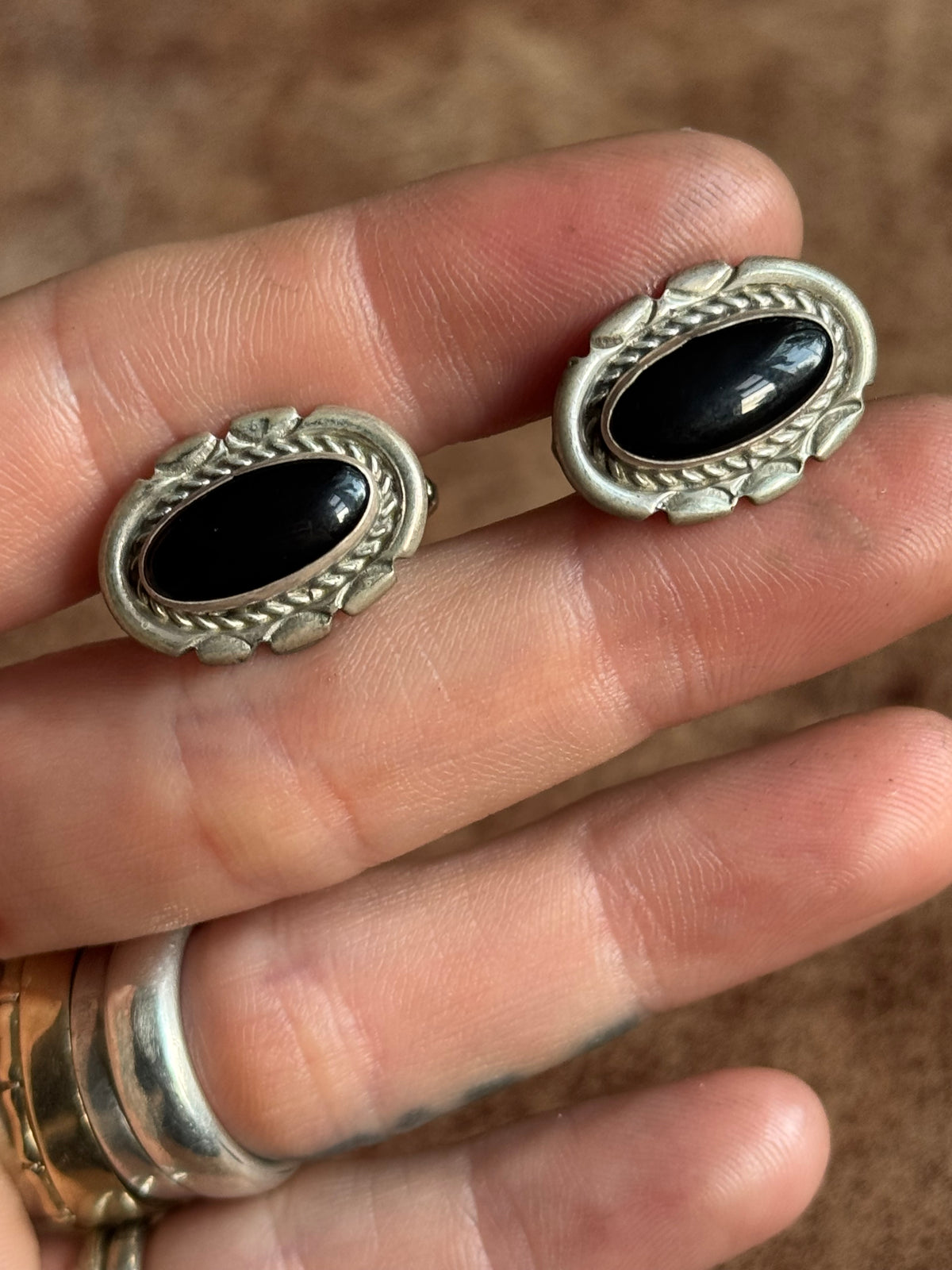 Vintage Sterling Silver Framed Onyx Cufflinks
