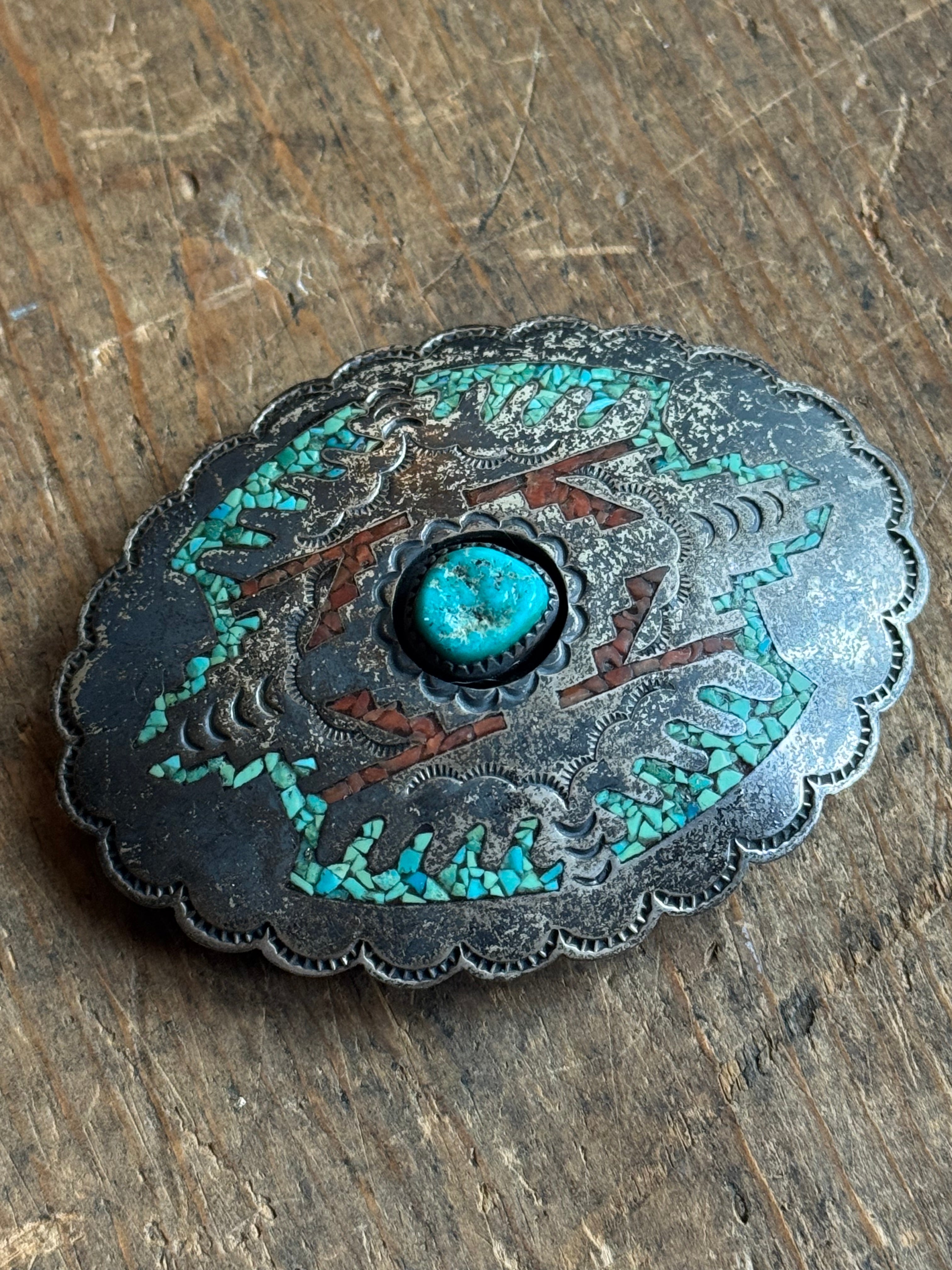 Vintage Sterling Silver Crushed Coral & Turquoise Inlay Concho Belt Buckle