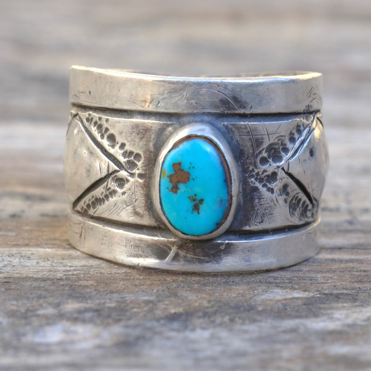Sterling Silver Pilot Mountain Turquoise Stamped Ring 10.25