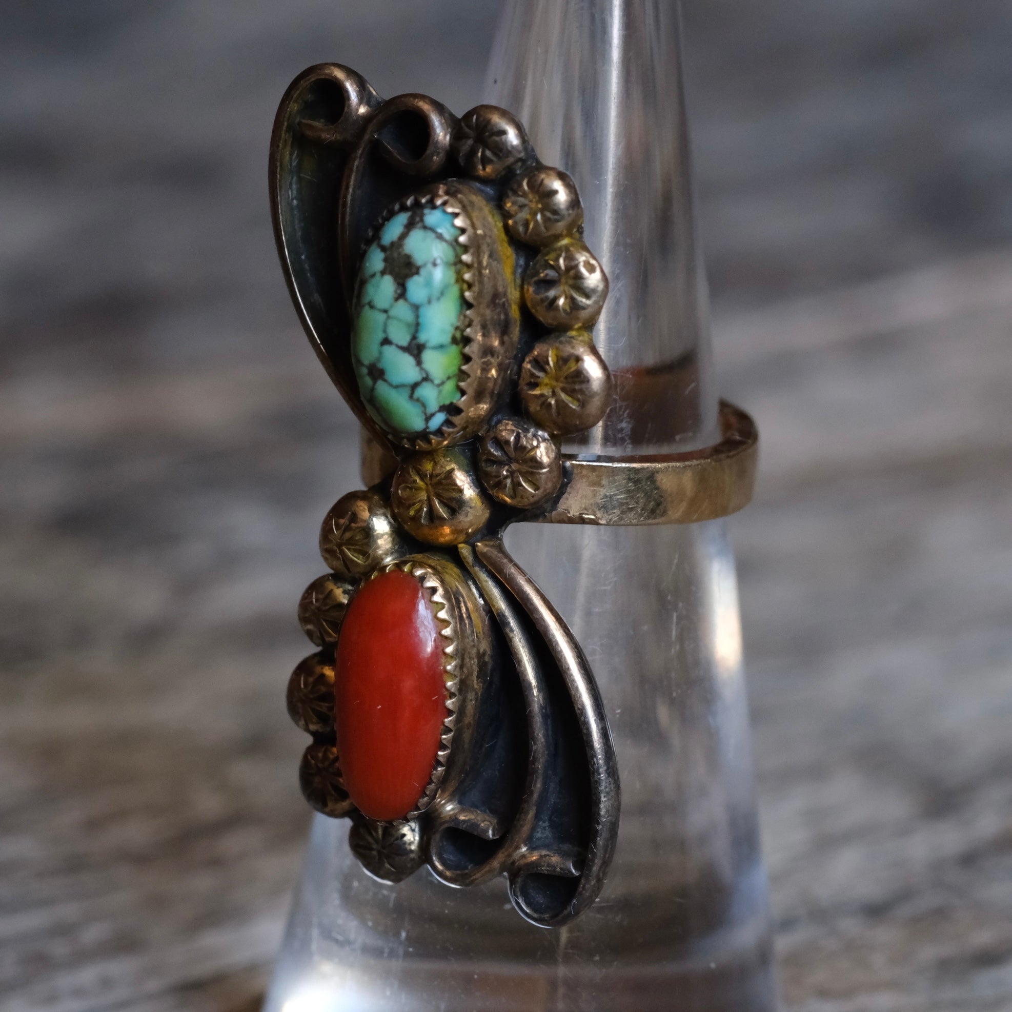 Vintage Gold Wash Sterling Turquoise and Coral Ring 4.75