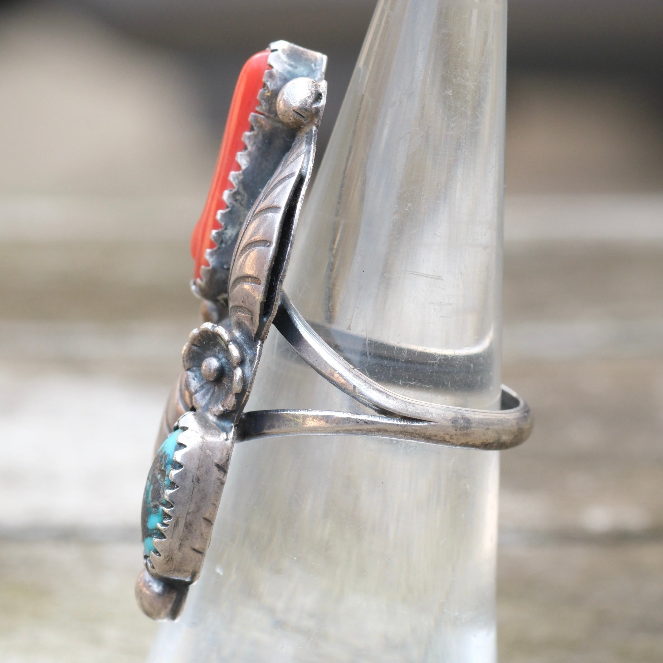 Vintage Sterling Turquoise and Coral Feather Ring 6