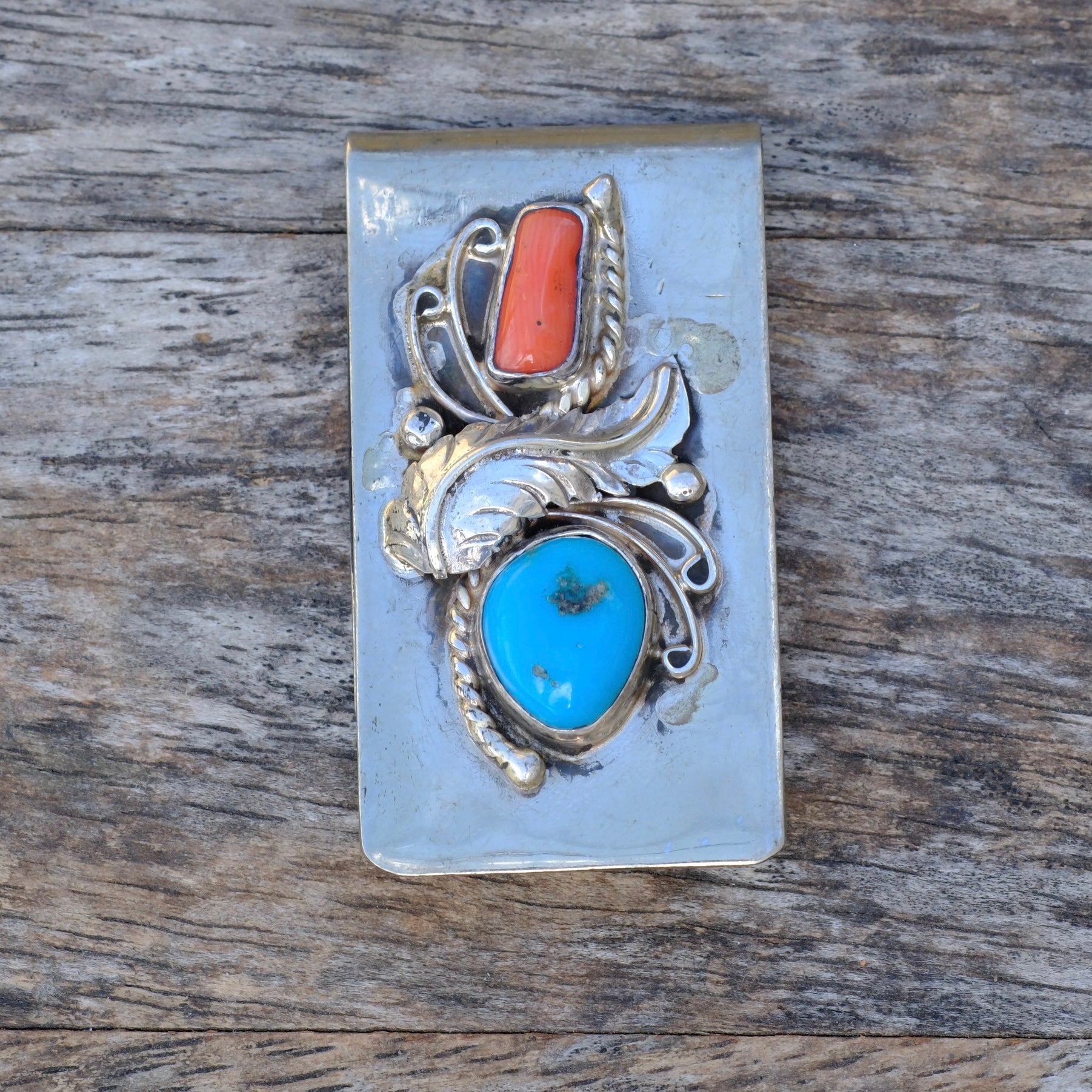 Vintage Turquoise and Coral Feather Money Clip