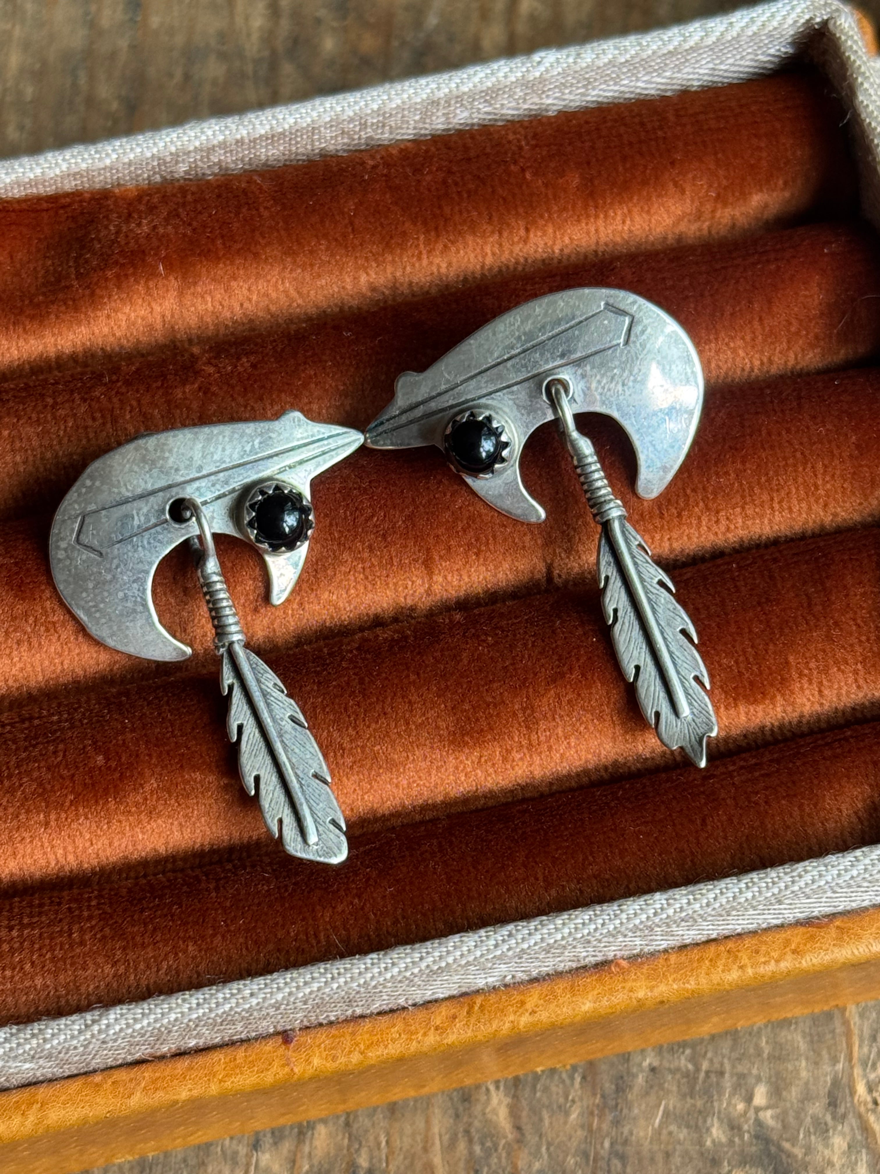 Vintage Sterling Silver Onyx Bear Feather Earrings