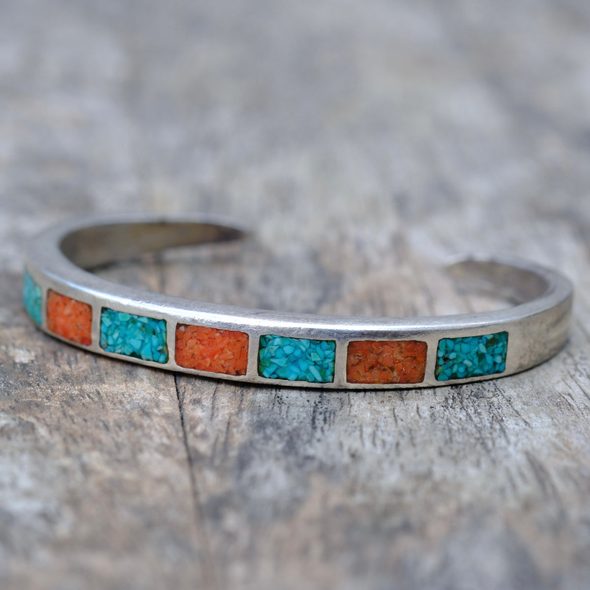 Vintage Sterling Crushed Turquoise and Coral Cuff Bracelet