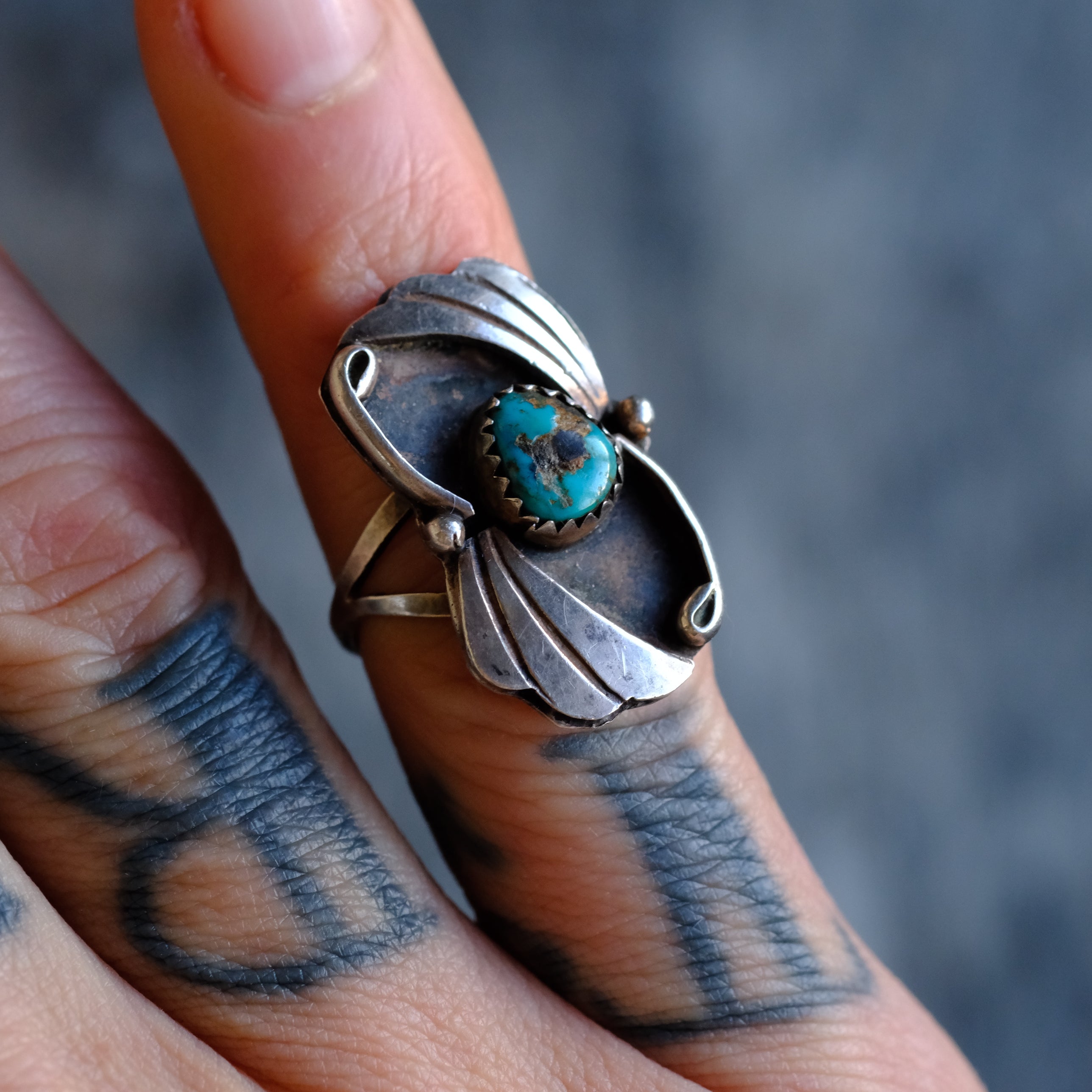 Vintage Sterling Turquoise Feather Ring 4.75