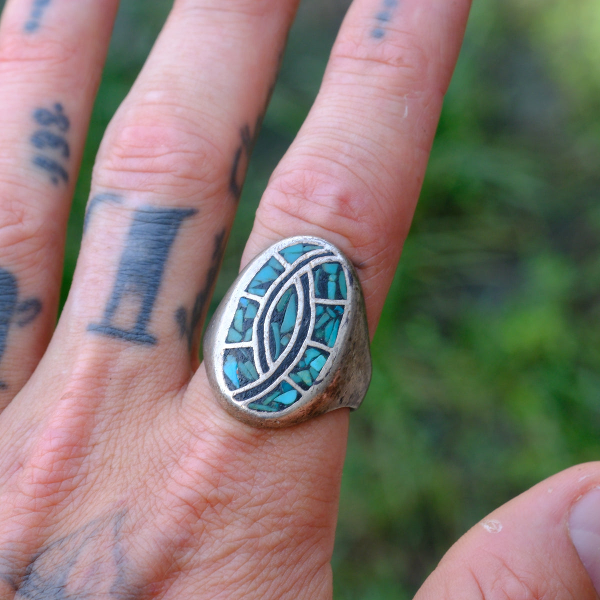 Vintage Sterling Turquoise Chip Inlay Hummingbird Ring 10.5