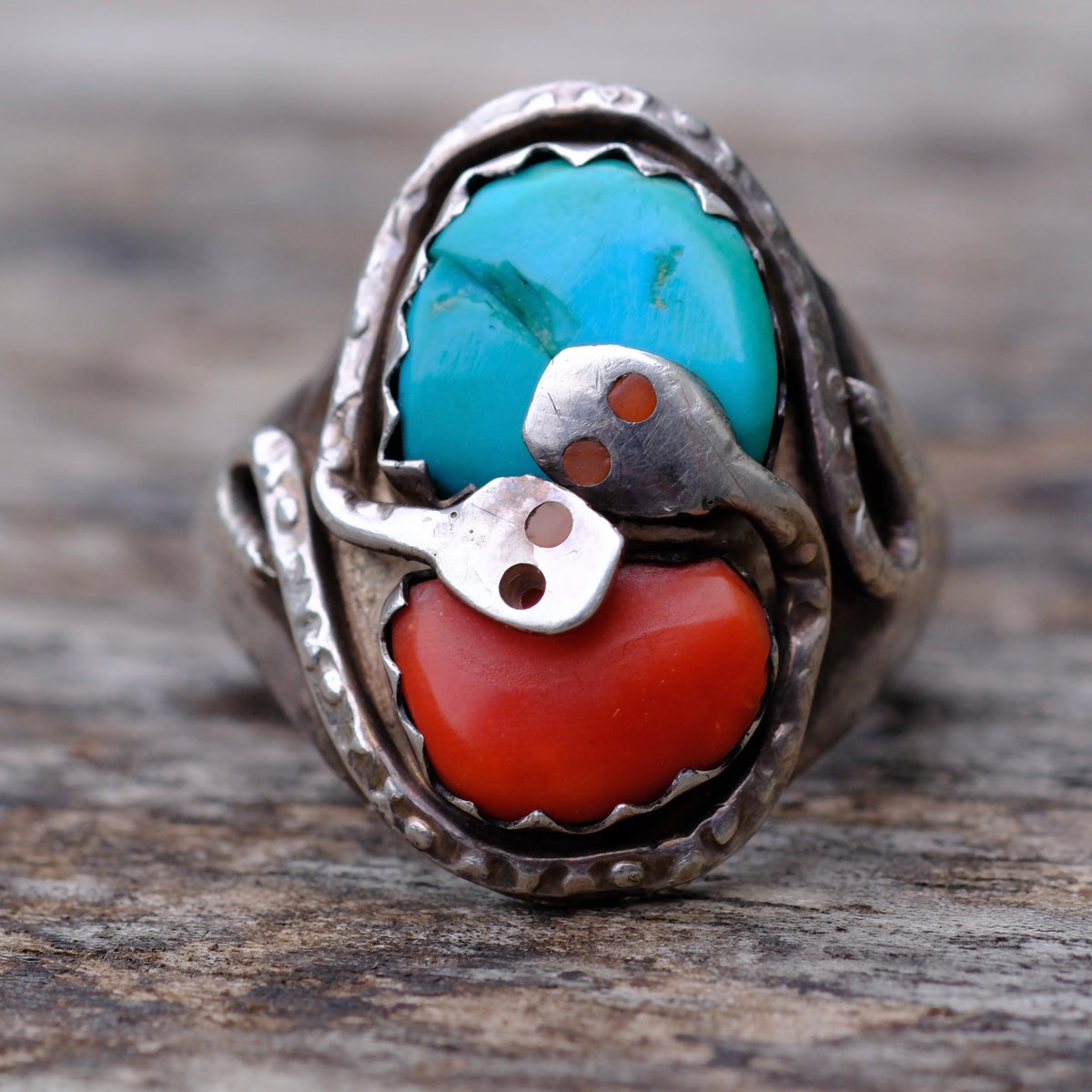Vintage Effie C Sterling Turquoise and Coral Snake Ring 10