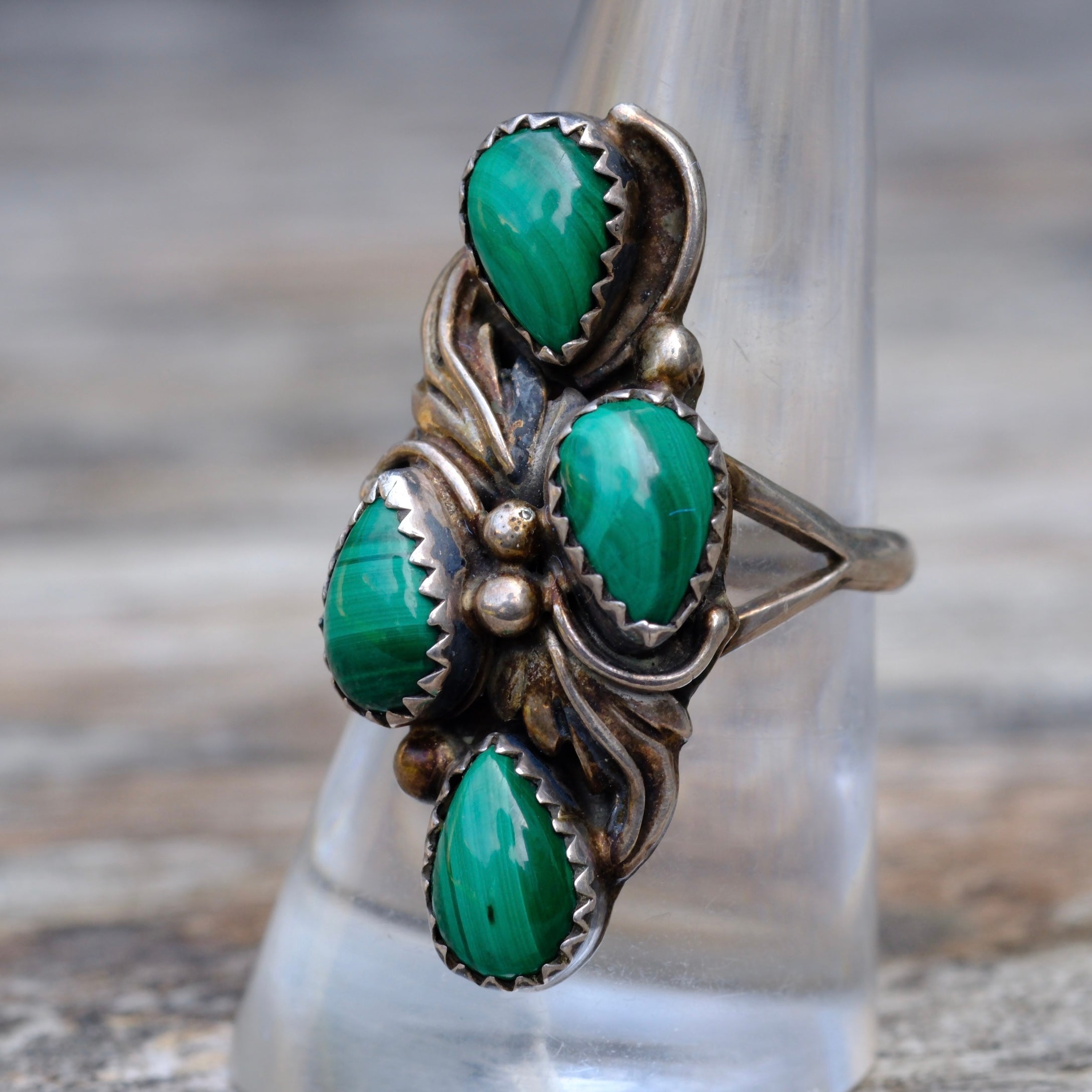 Vintage Sterling 4-Stone Malachite Feather Ring 8.75