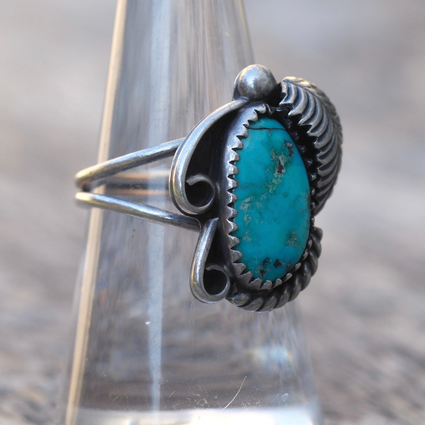 Vintage Sterling Turquoise Feather Ring 7