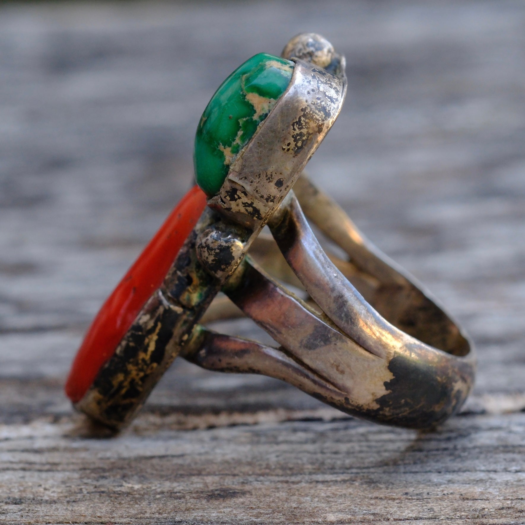 Vintage Sterling Turquoise and Coral Feather Ring 5.5