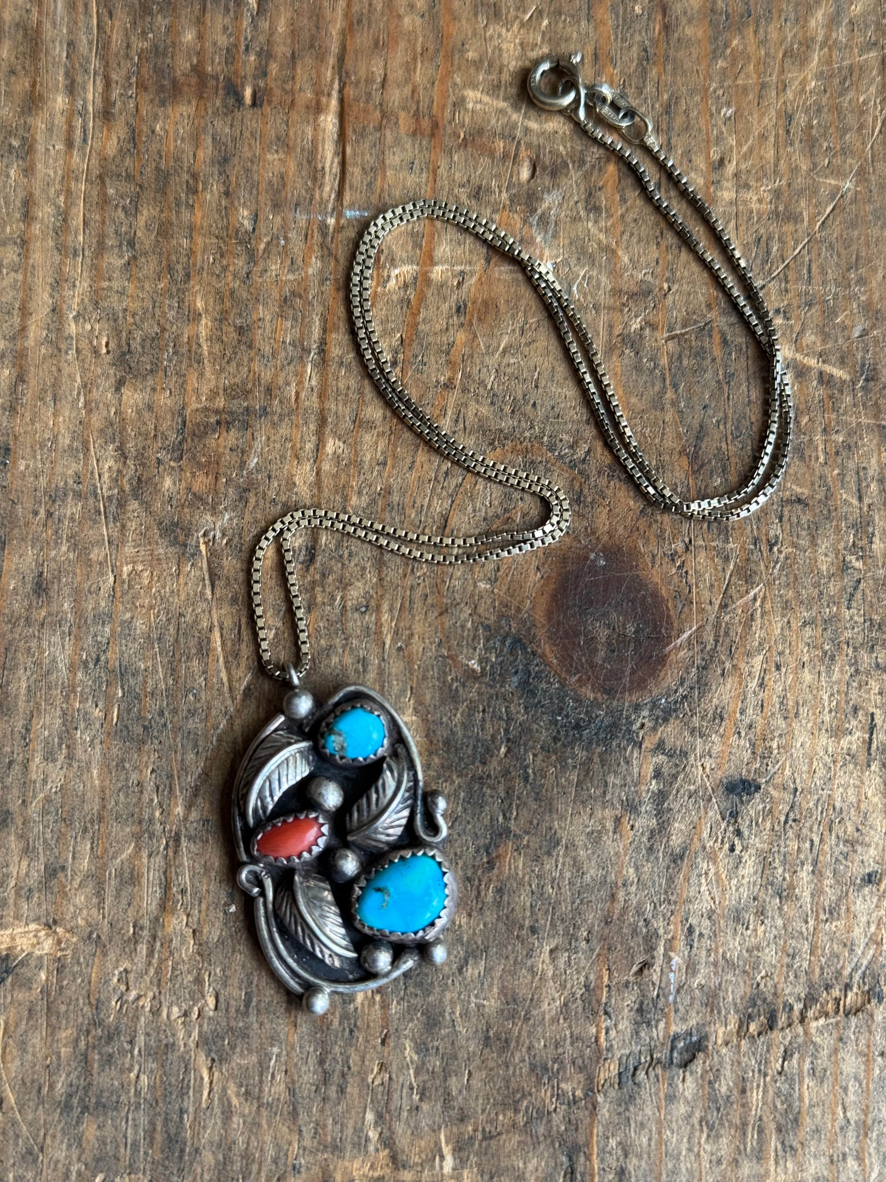 Vintage Sterling Silver Turquoise & Coral Feather Cluster Necklace