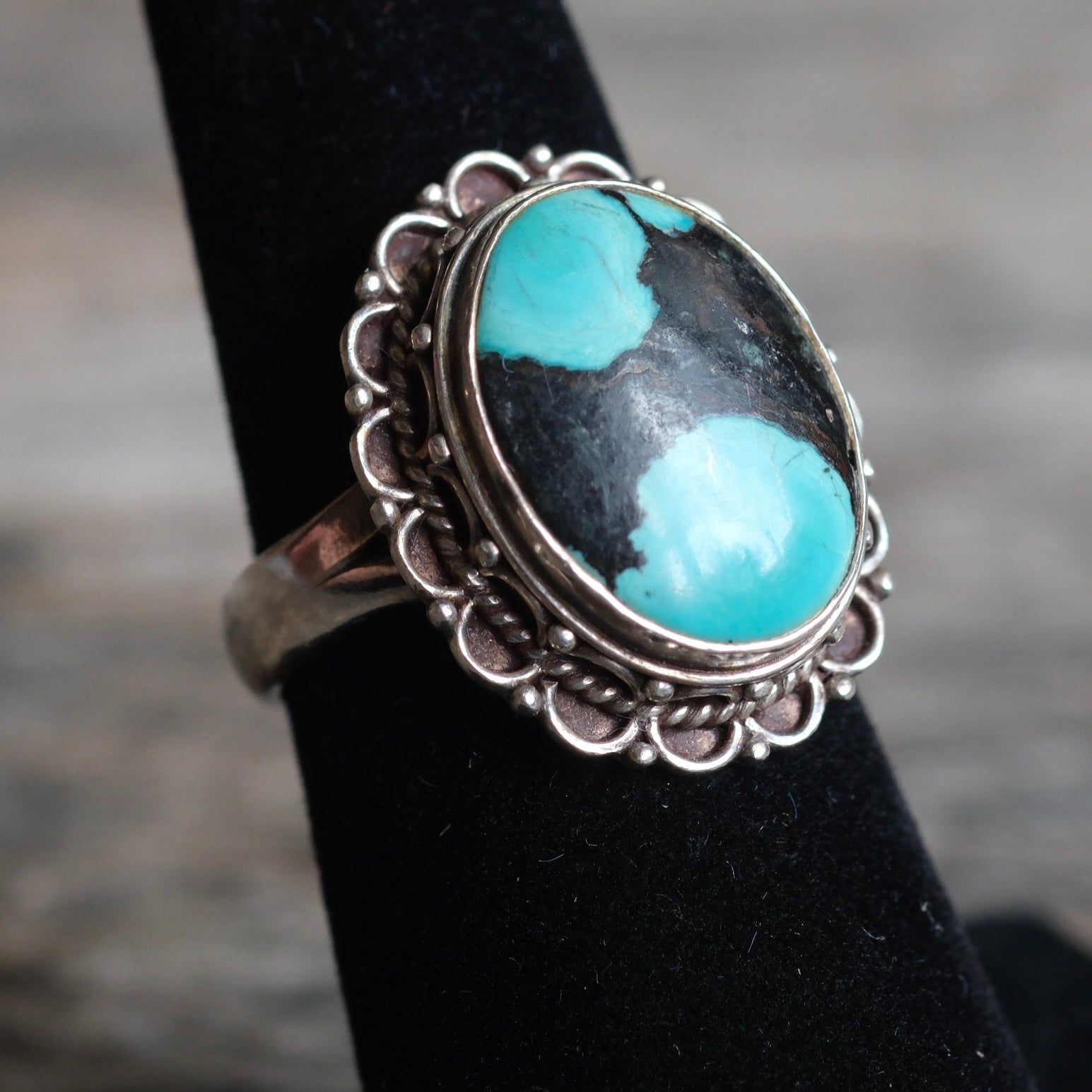 Vintage Sterling Turquoise Florette Ring 6.25