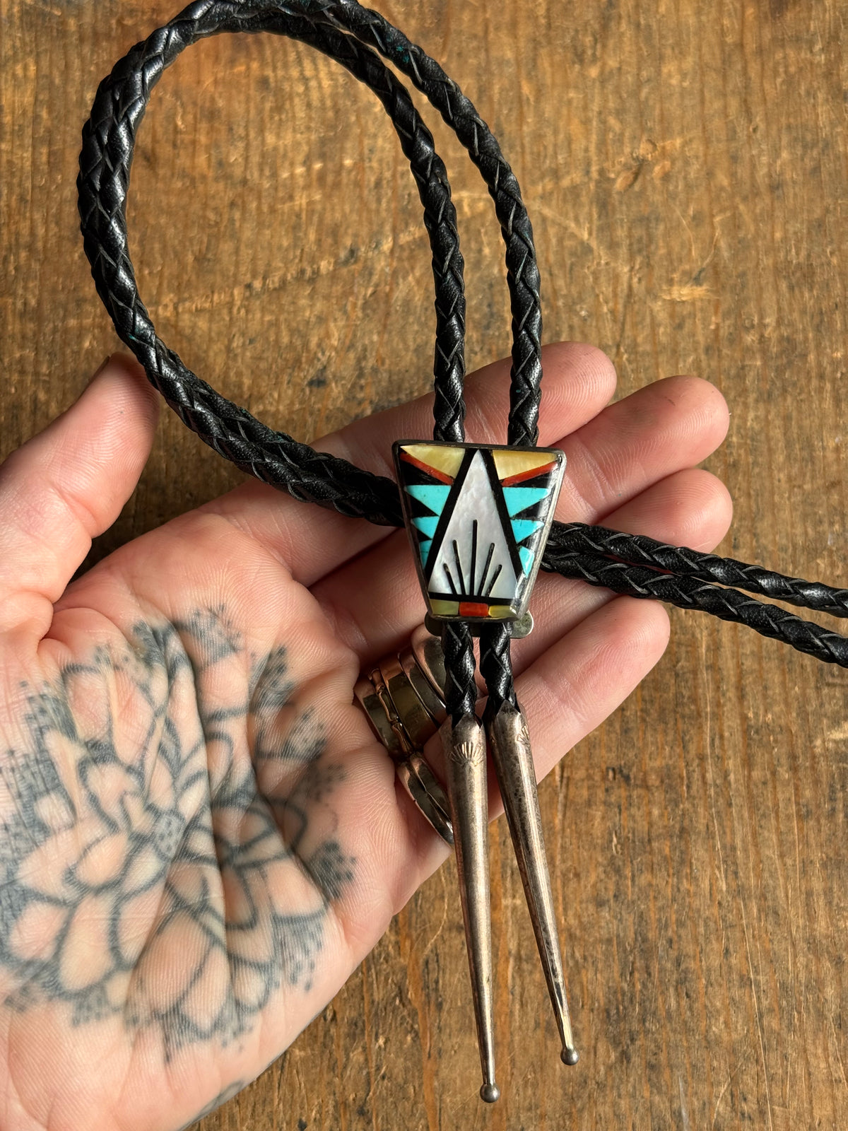 Vintage Sterling Silver Multistone Inlay Shield Bolo