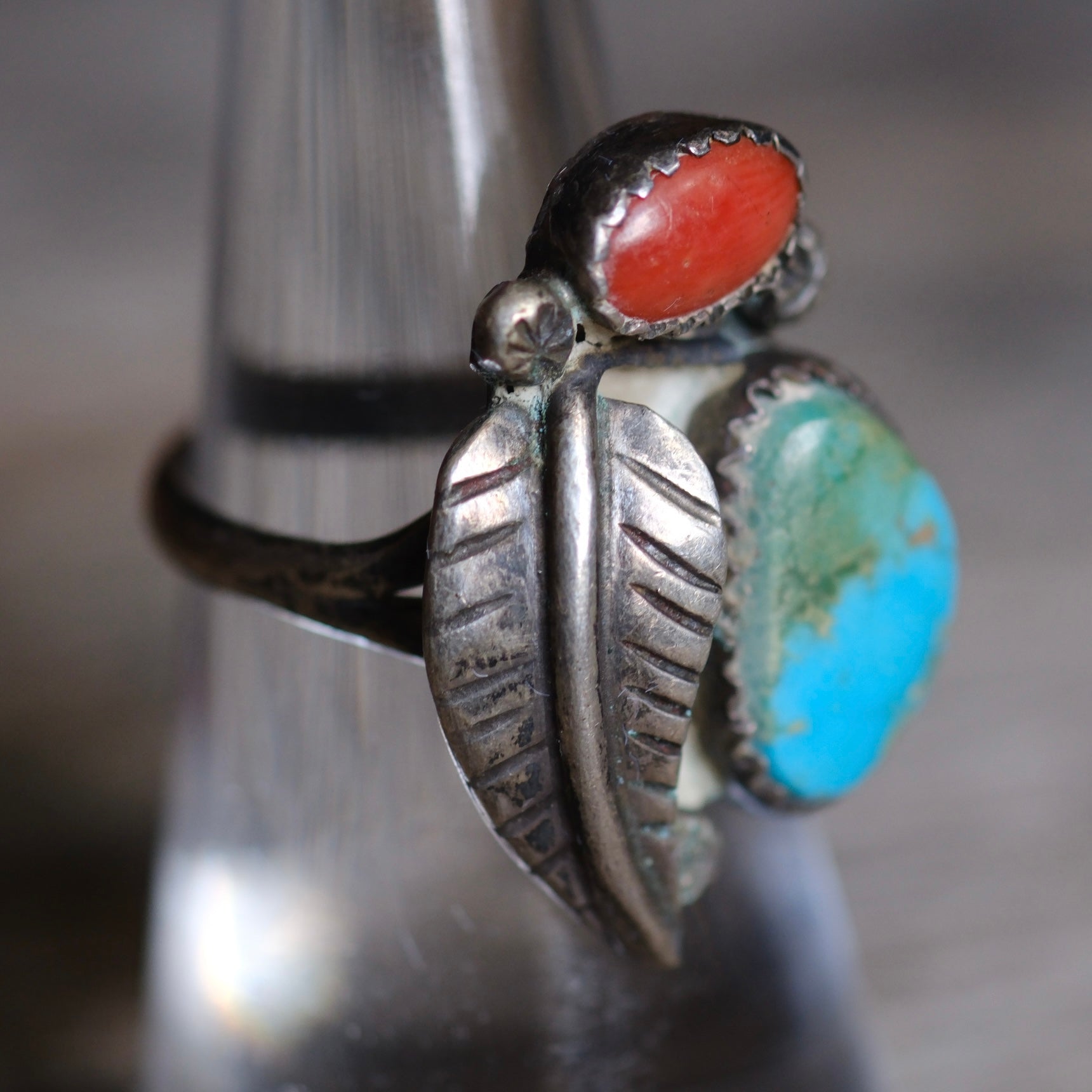 Vintage Sterling Turquoise and Coral Feather Ring 6.5