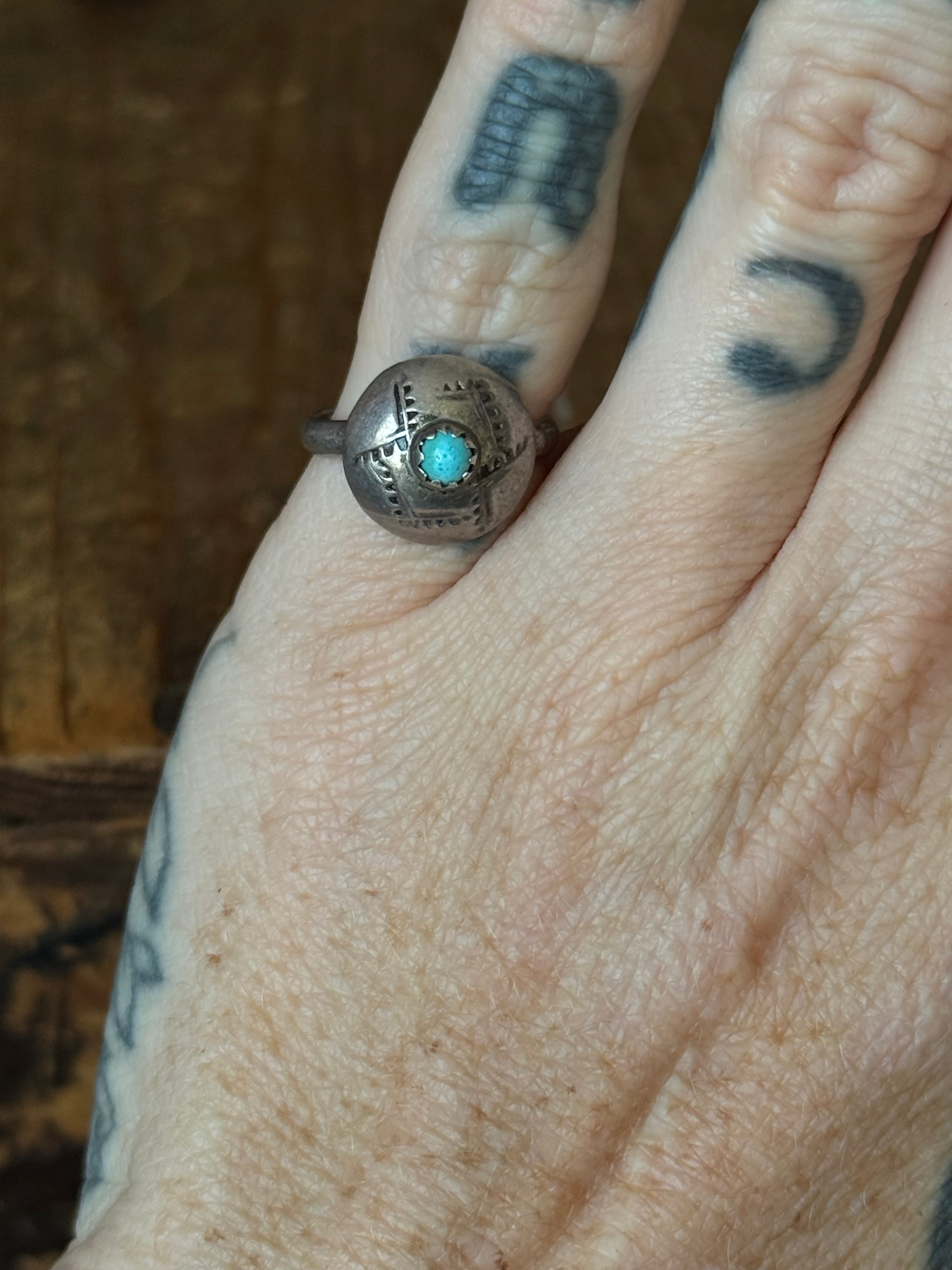Vintage Sterling Silver Turquoise Stamped Dome Ring 4.5