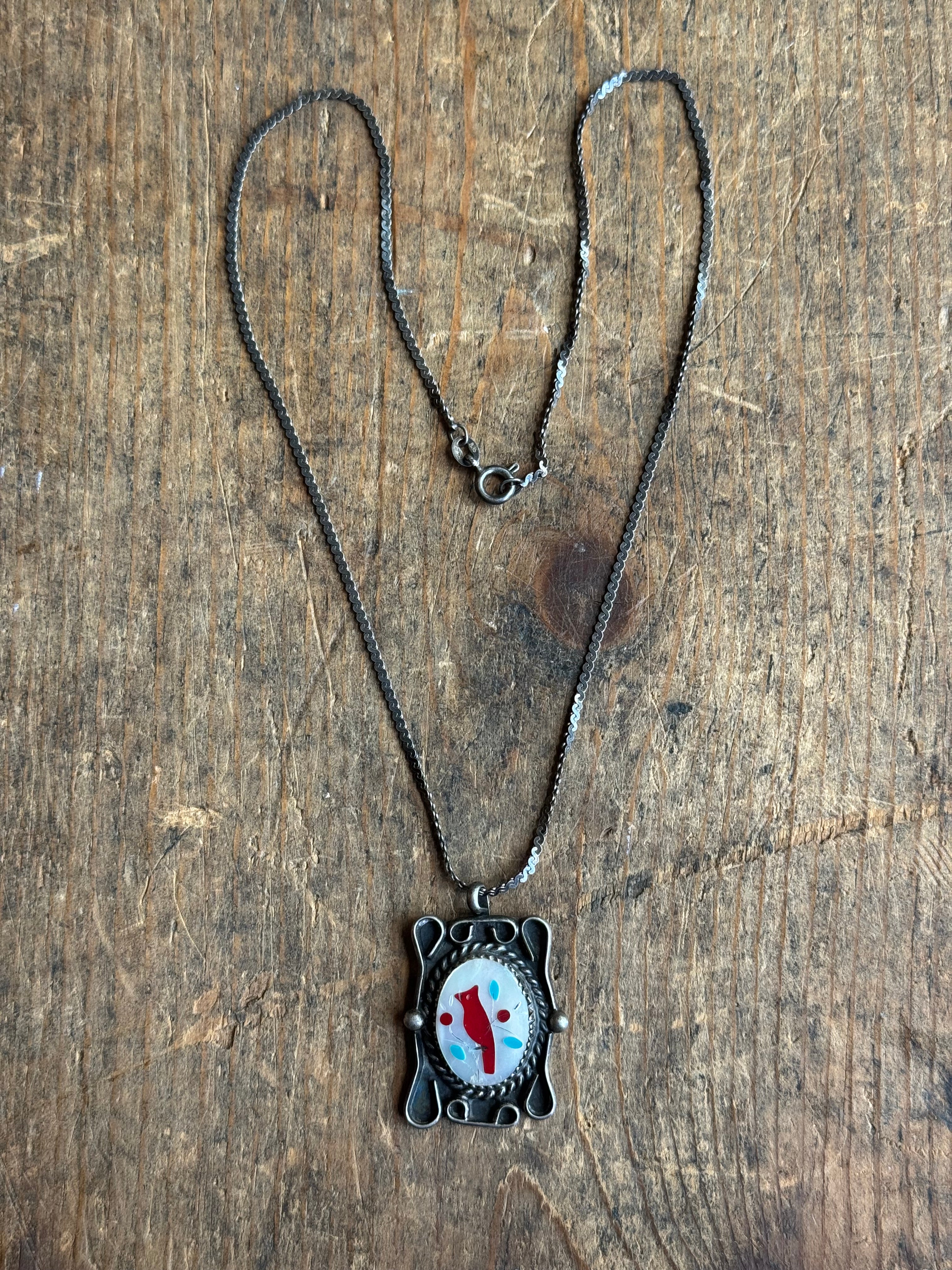 Vintage Sterling Silver Cardinal Inlay Necklace