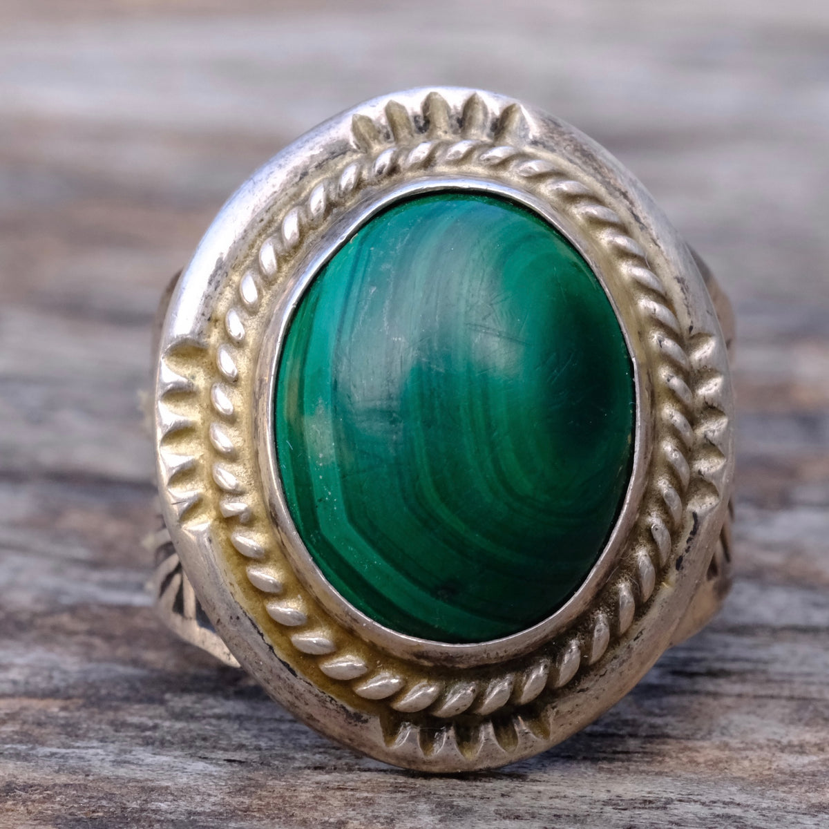 Vintage Sterling Malachite Stamped Band Ring 7.75