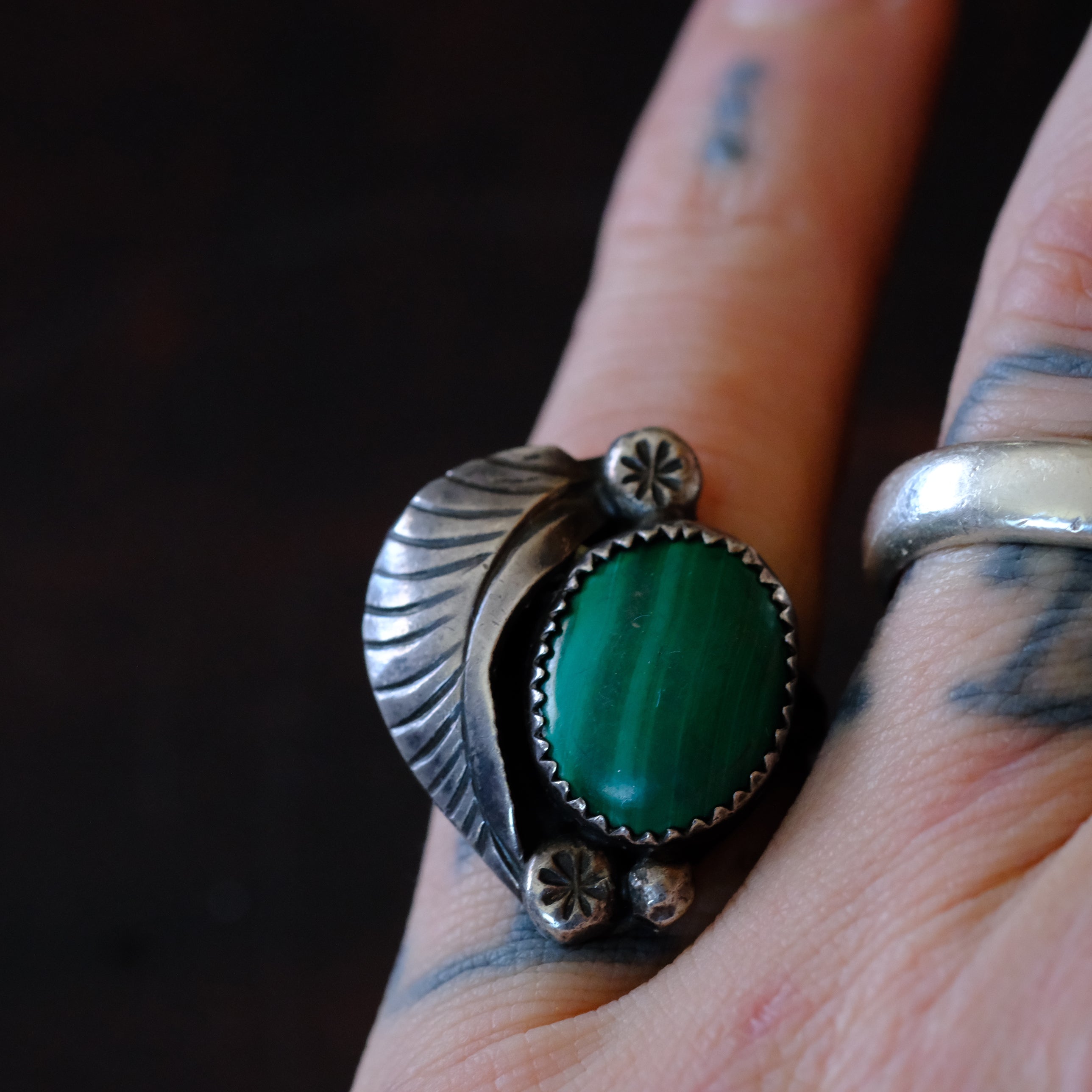 Vintage Sterling Malachite Feather Ring 5.5