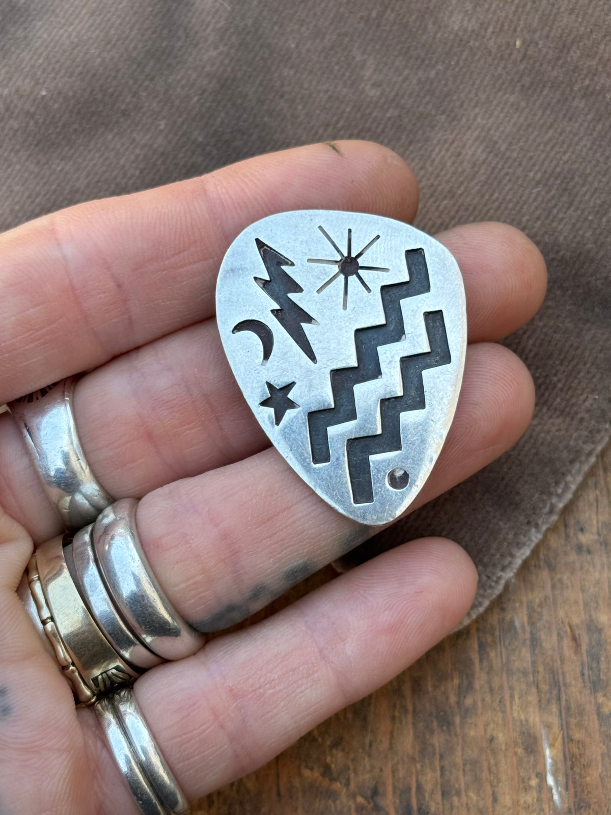 Vintage Sterling Silver Overlay Bolt & Moon Pin Pendant