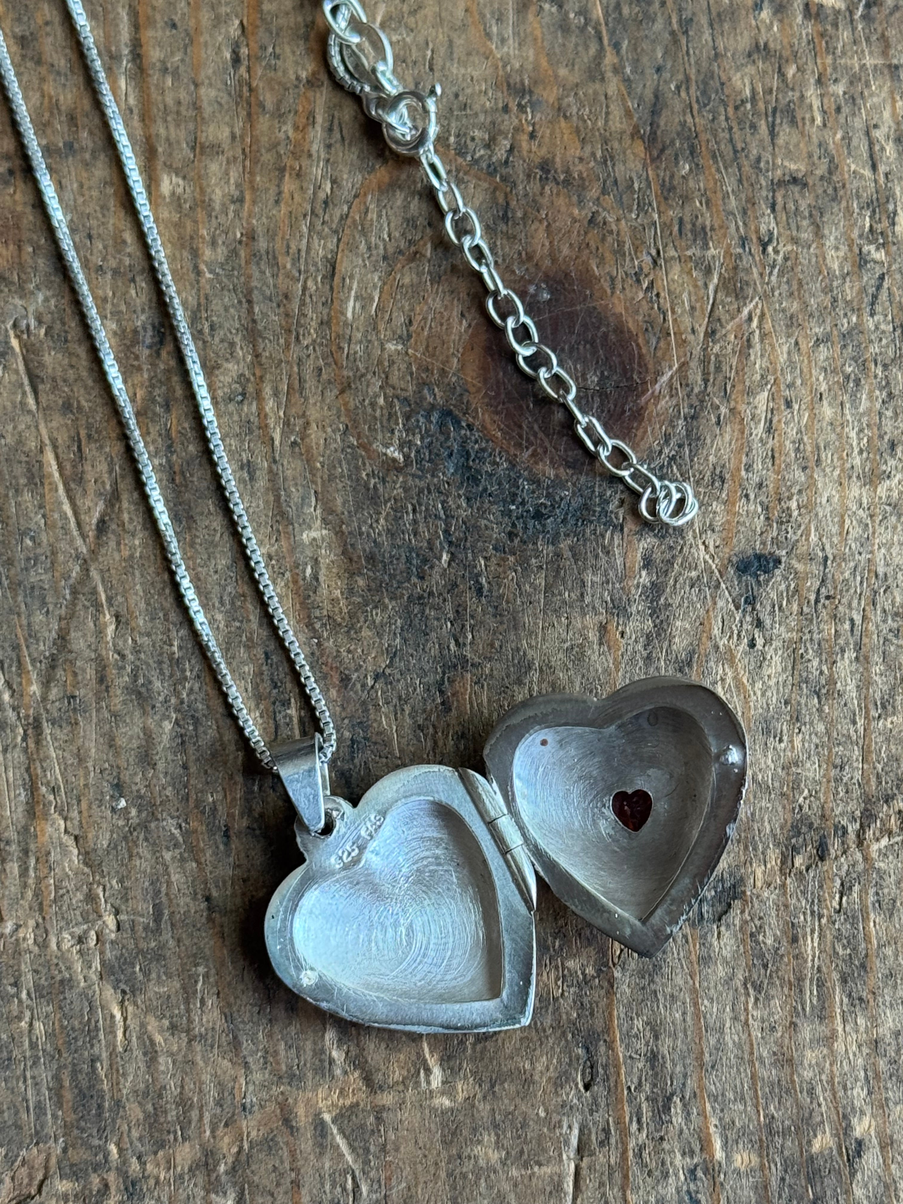 Vintage Sterling Silver Garnet Heart Locket Necklace