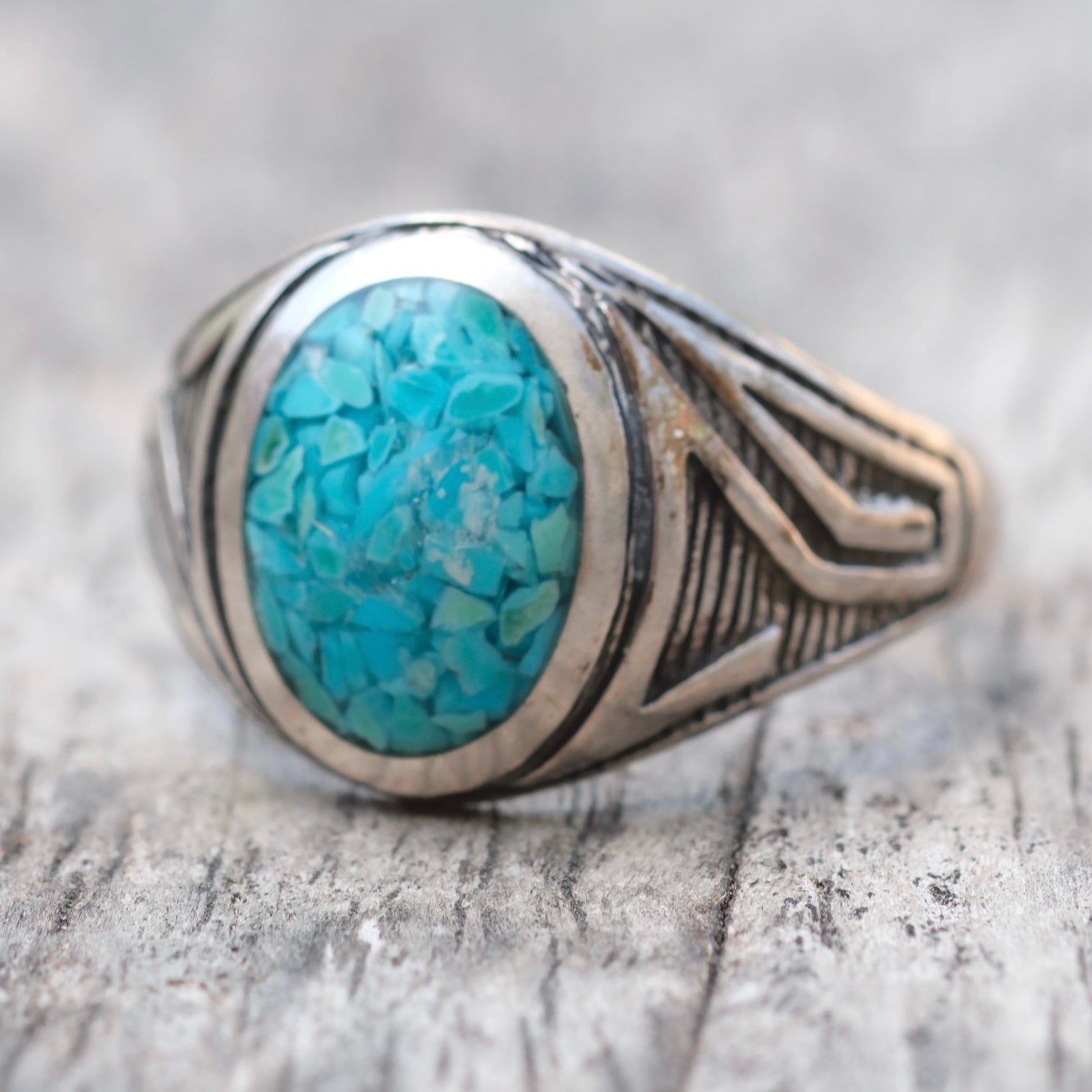 Vintage Sterling Crushed Turquoise Ring 10.75