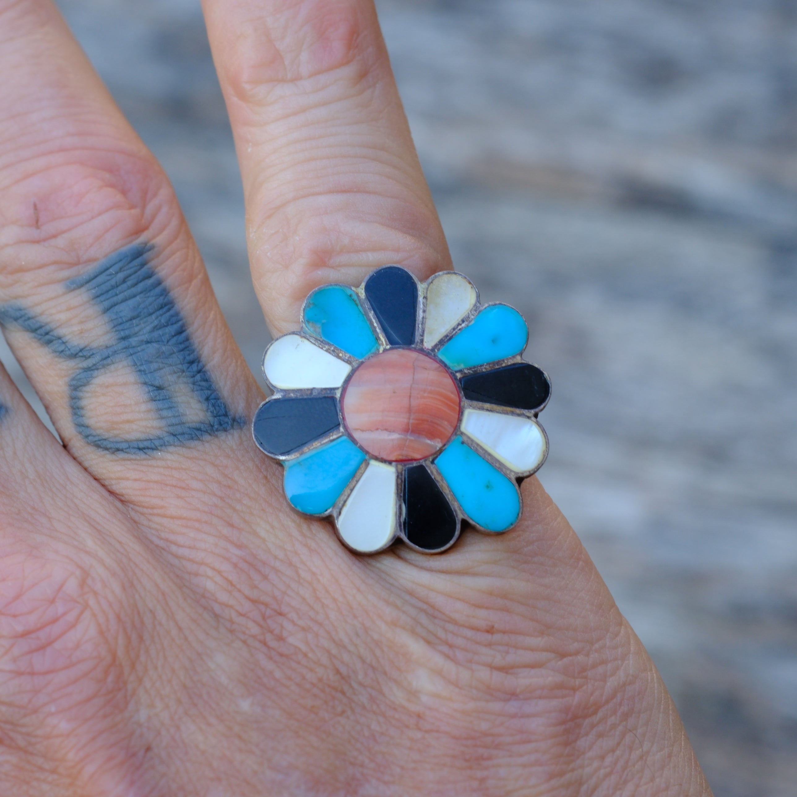 Vintage Sterling Multi Stone Inlay Flower Ring 5