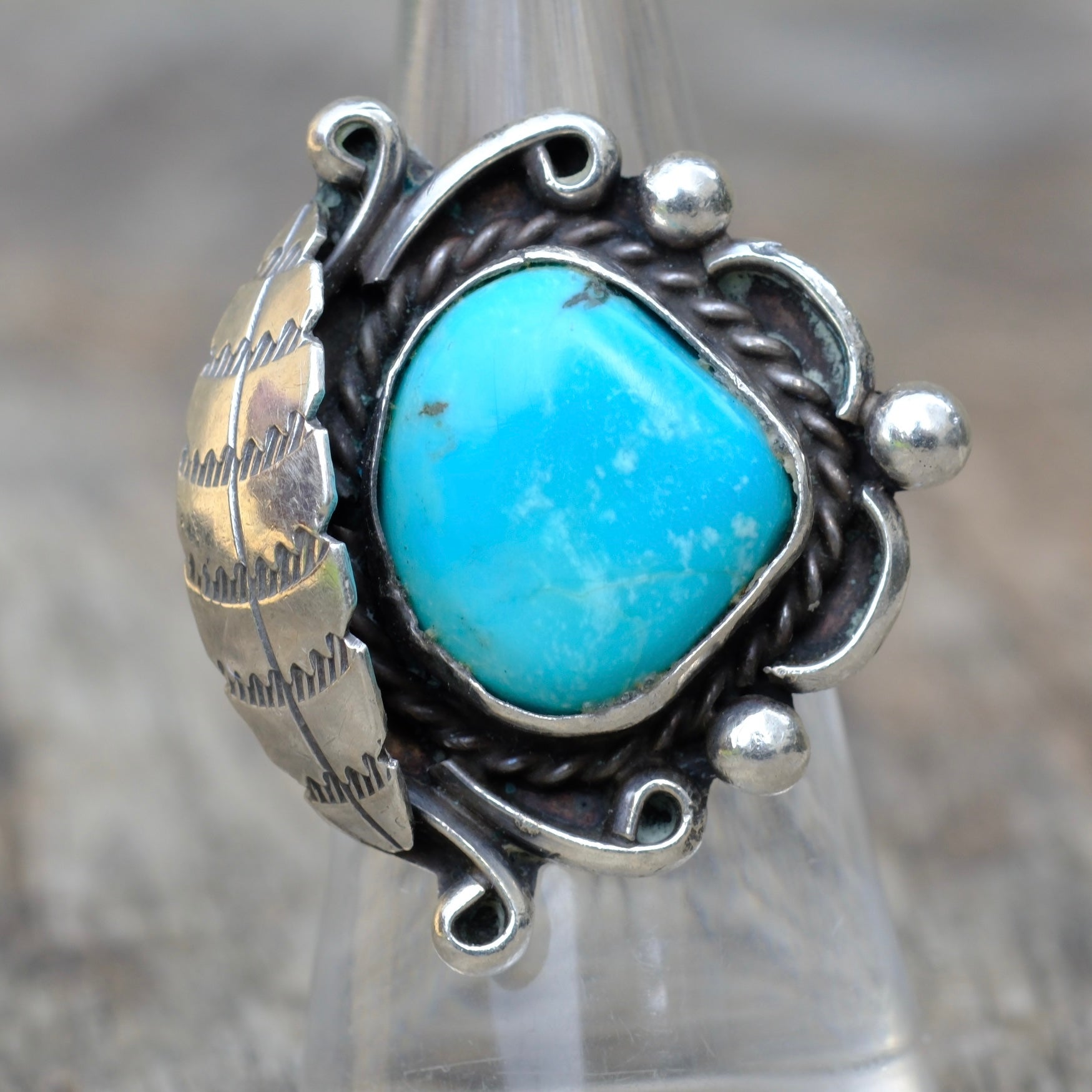 Vintage Sterling Turquoise Feather Ring 6.25