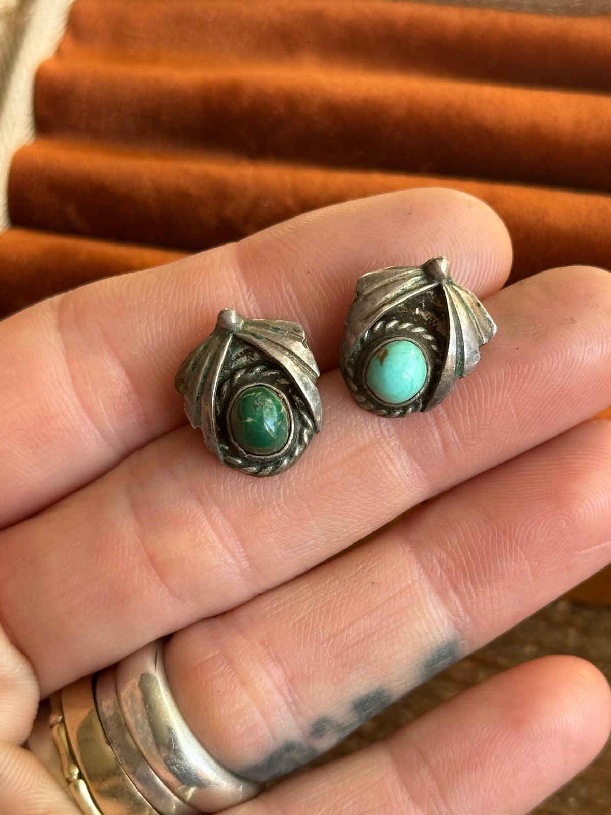 Vintage Sterling Silver Turquoise Fan Earrings