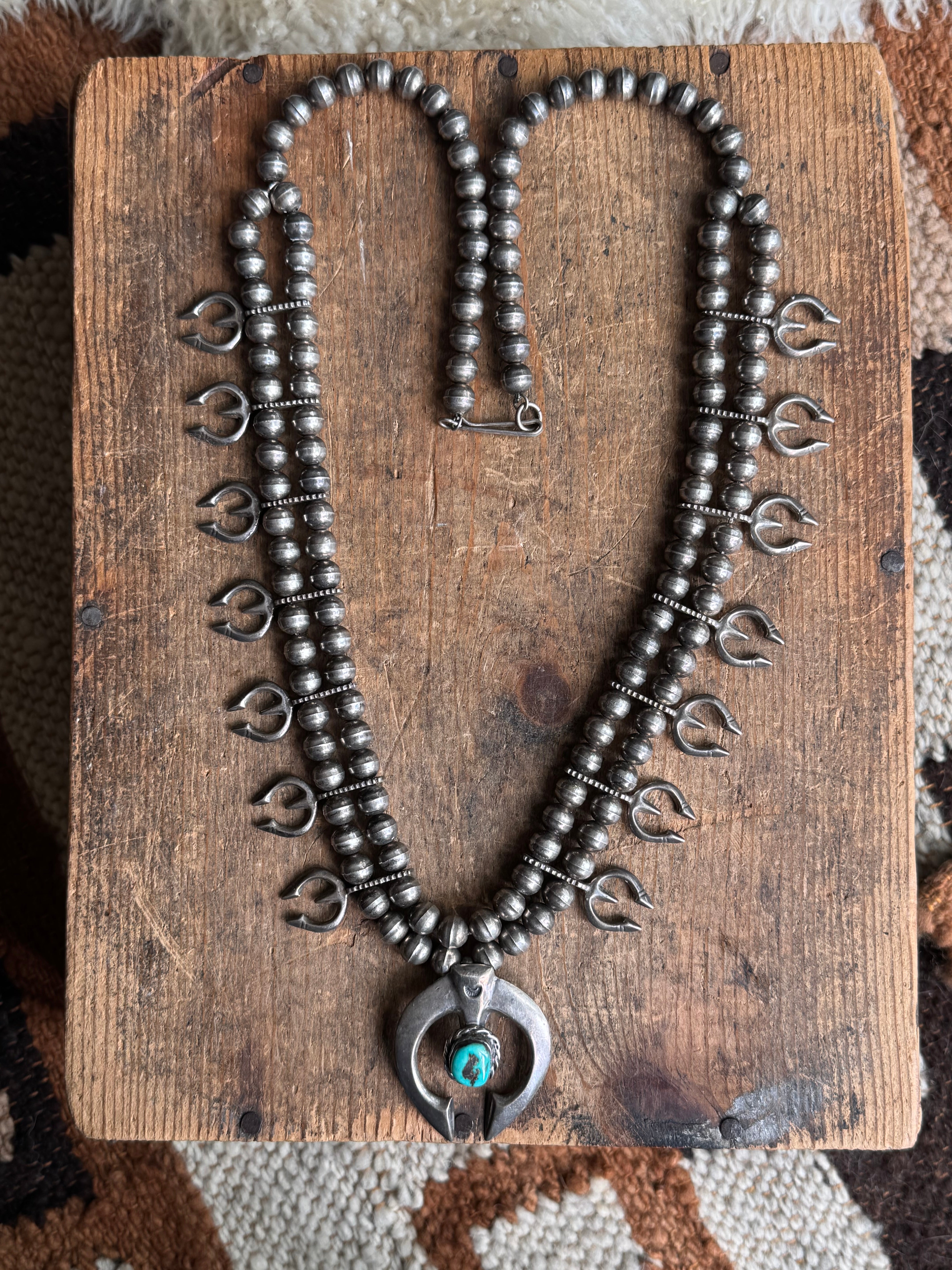 Vintage Sterling Silver Turquoise & Naja Petal Squash Blossom