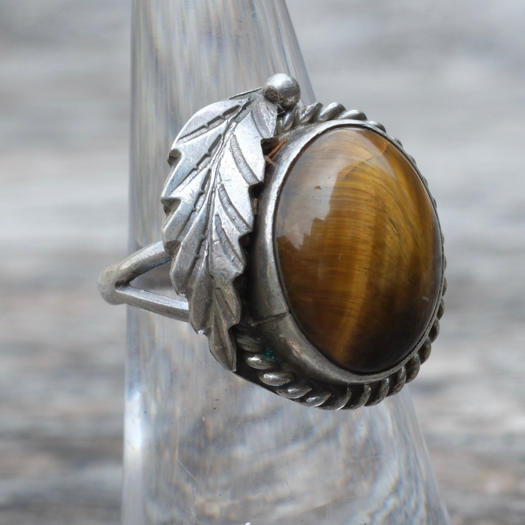 Vintage Sterling Tigers Eye Feather Ring 5.5