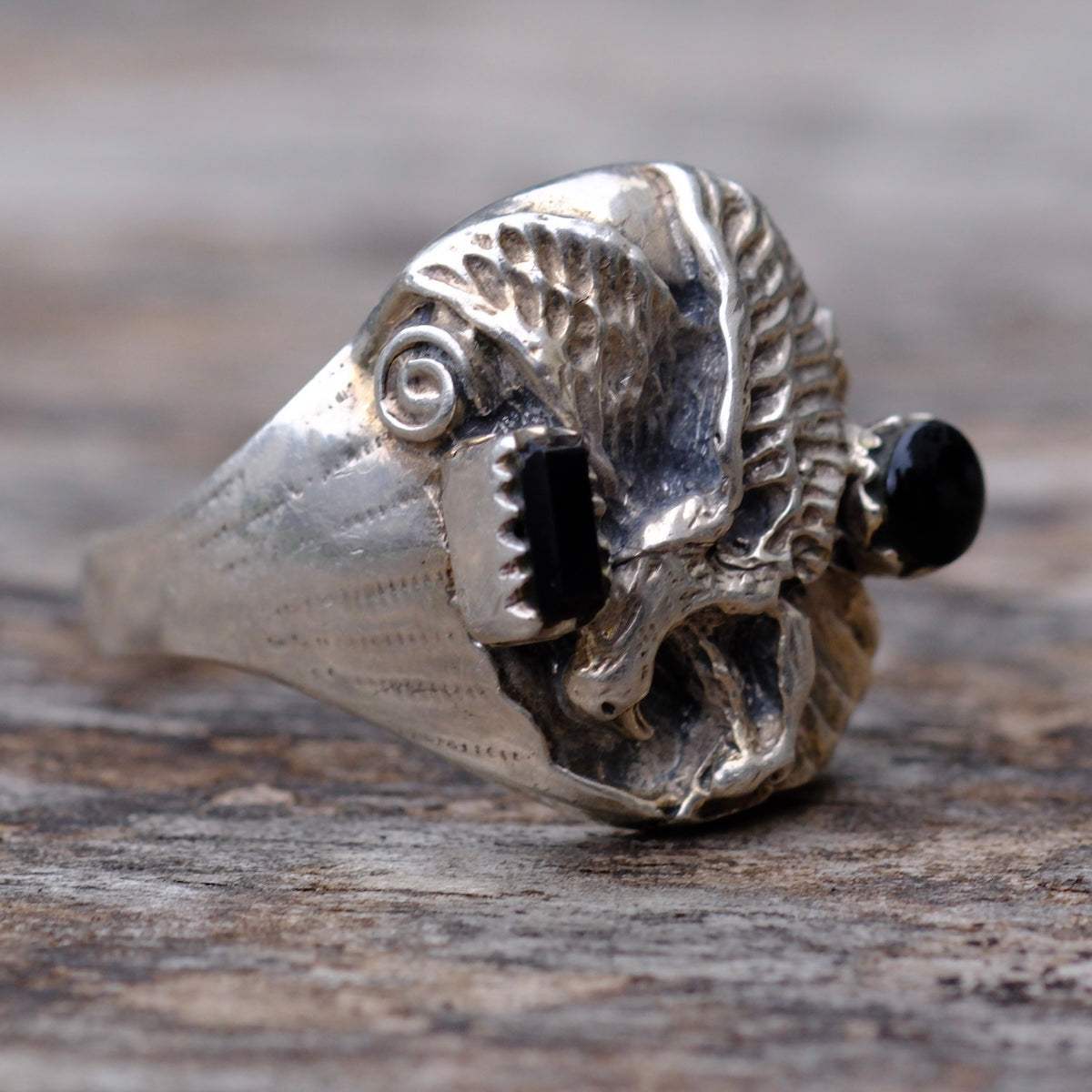 Vintage Sterling Onyx Eagle Ring 12.5