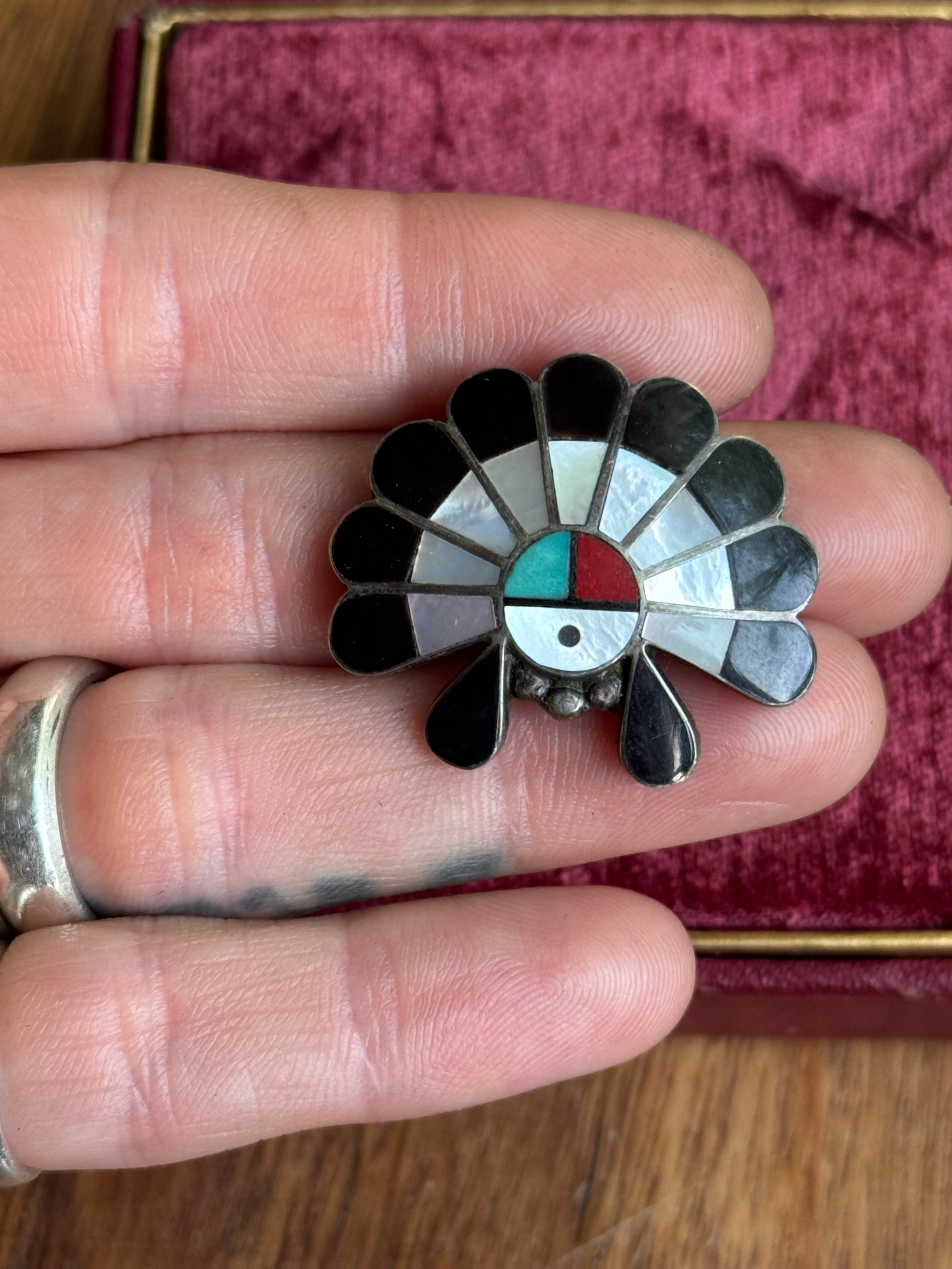 Vintage Sterling Silver Multistone Inlay Warbonnet Pin/Pendant