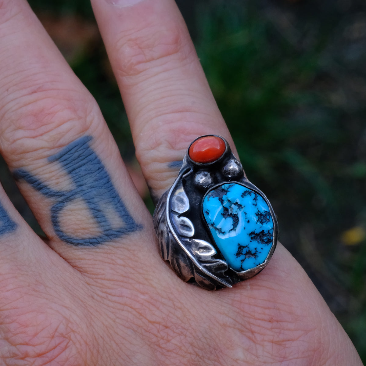 Vintage Sterling Turquoise and Coral Feather Ring 7