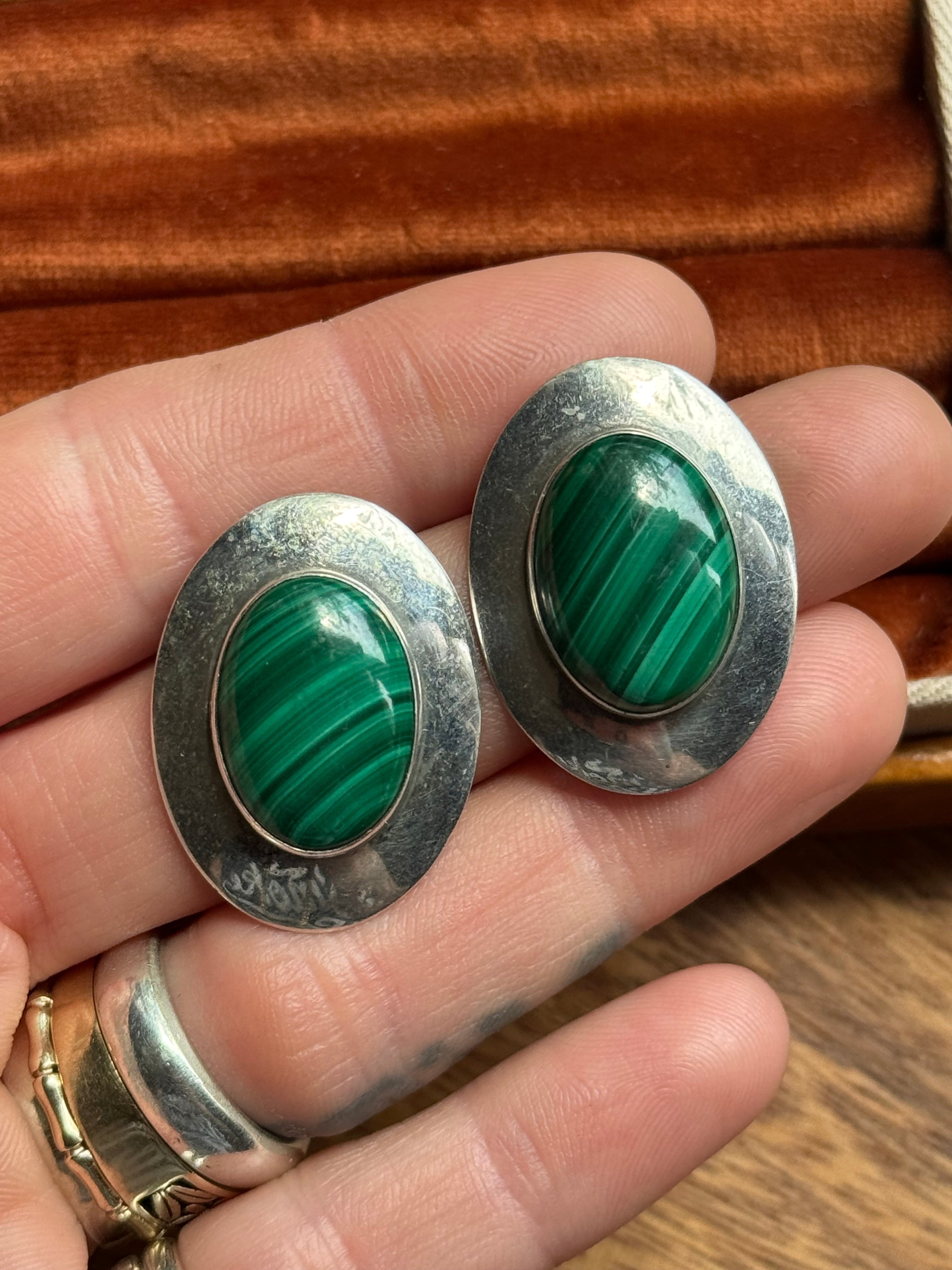 Vintage Sterling Silver Modernist Malachite Earrings