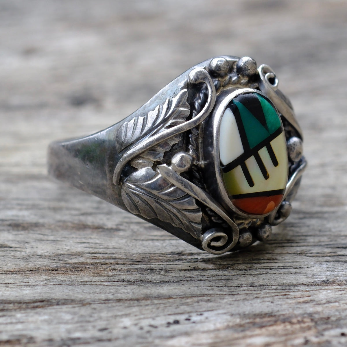 Vintage Sterling Zuni Inlay Ring 11.5