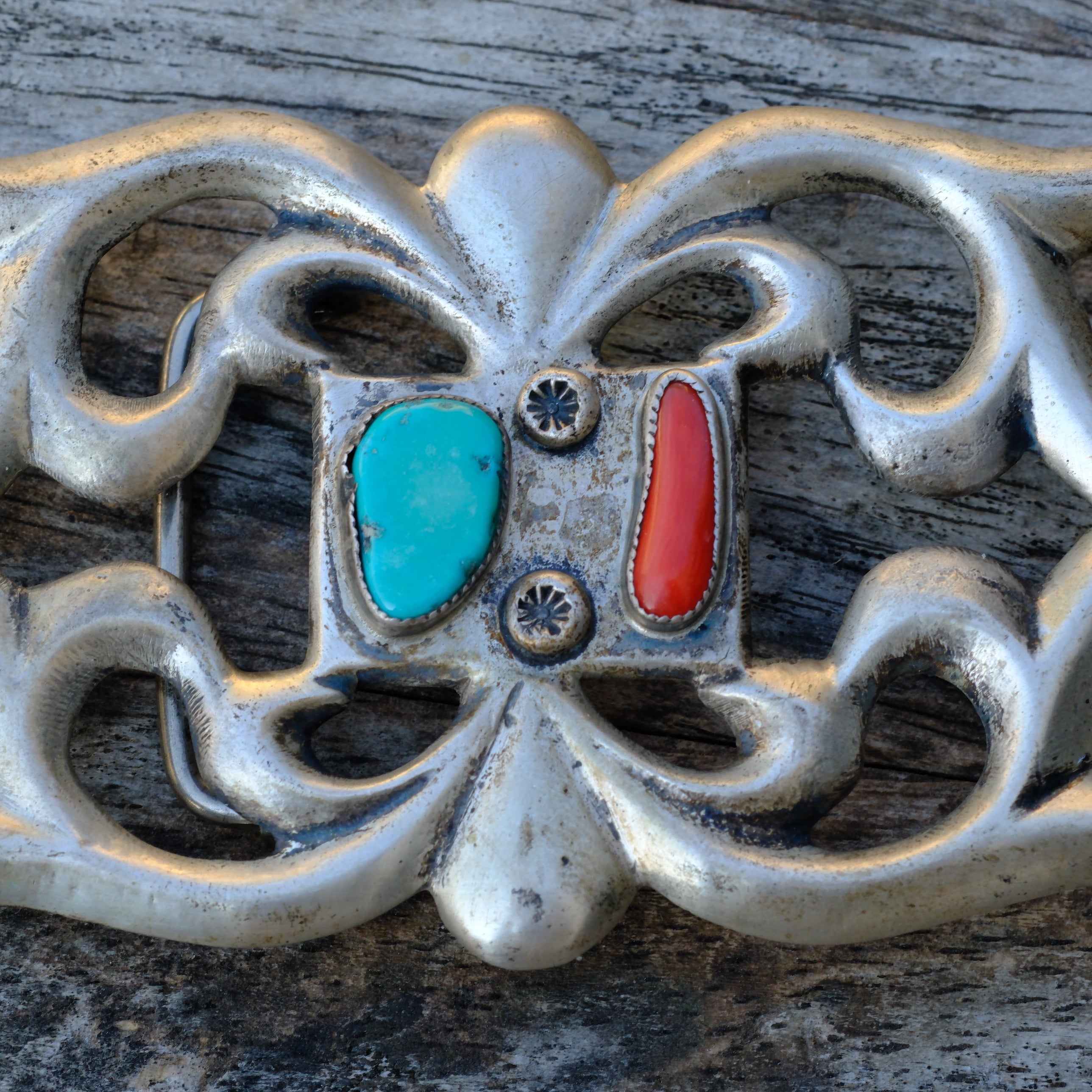 Vintage Sterling Turquoise and Coral Sandcast Belt Buckle