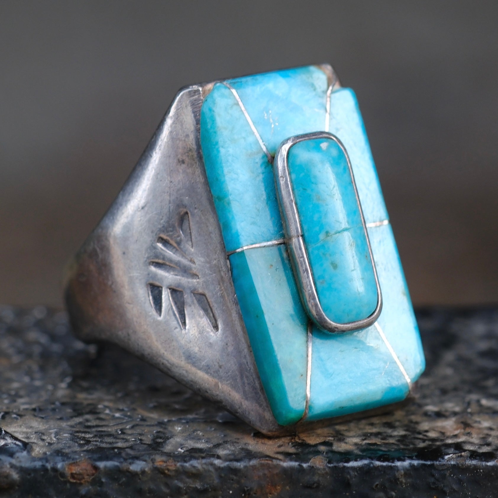Vintage Sterling Turquoise Inlay Stamped Band Ring 14.25