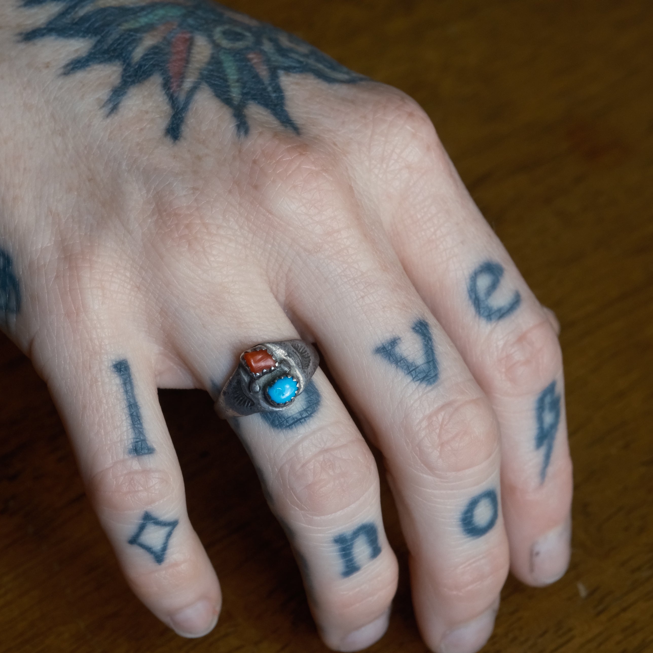 Vintage Sterling Turquoise and Coral Stamped Band Ring 6.25