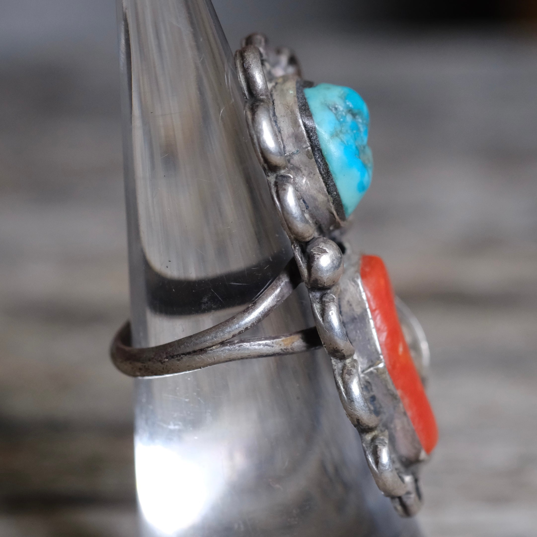 Vintage Sterling Turquoise and Coral Feather Ring 6.25