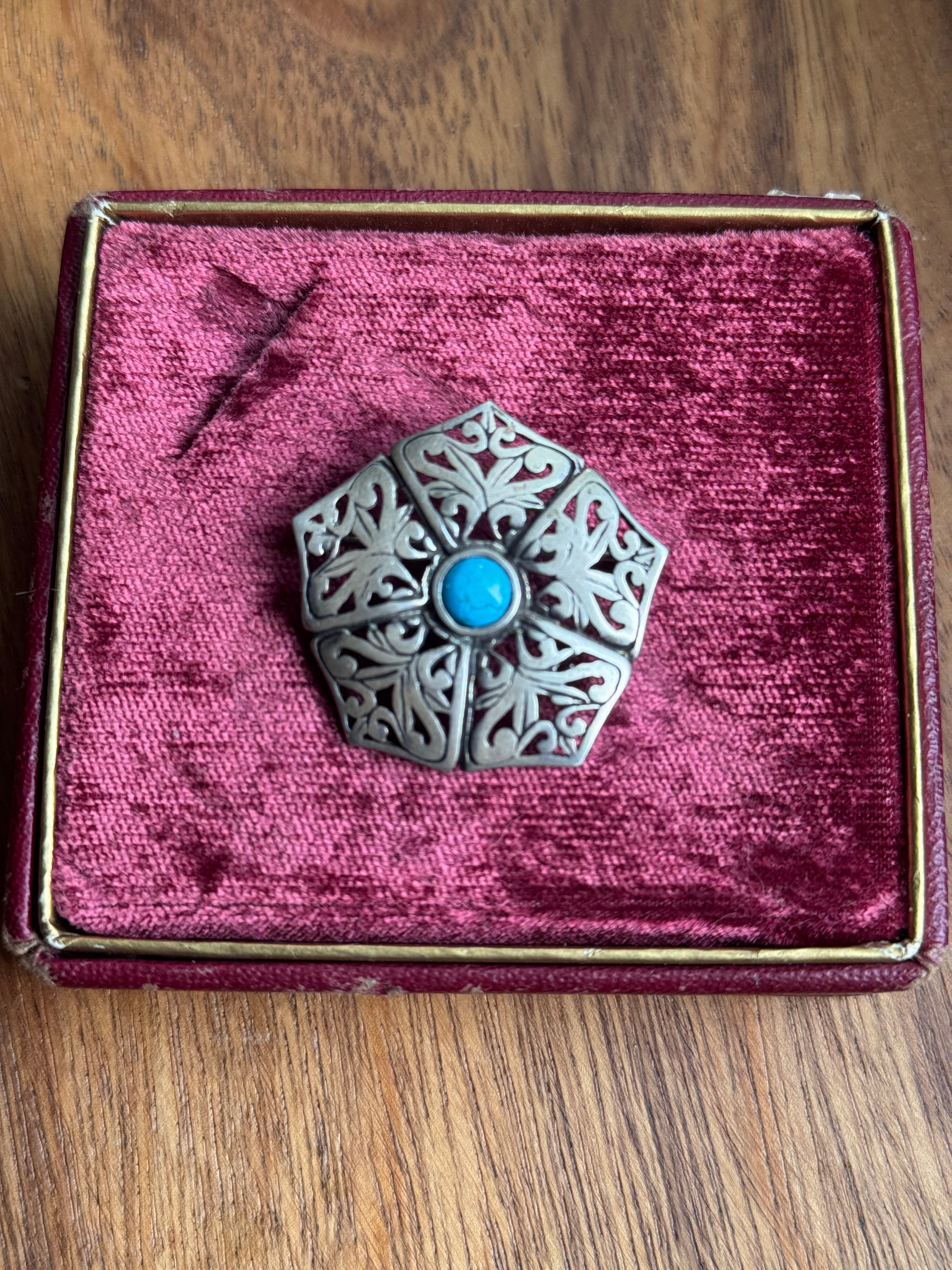 Vintage Sterling Silver Block Turquoise Filigree Flower Pin