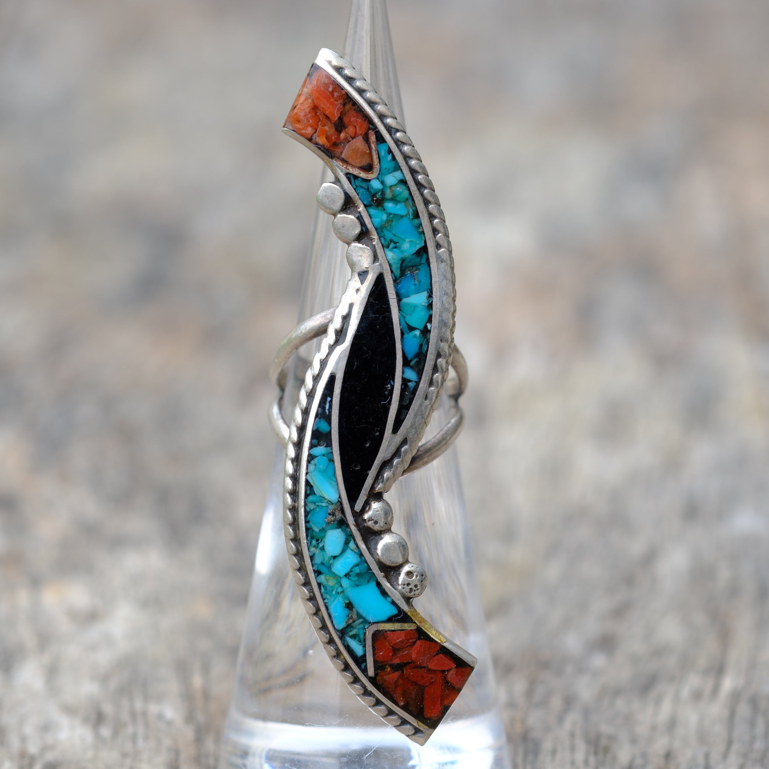 HUGE Vintage Sterling Inlay Ring 3.75