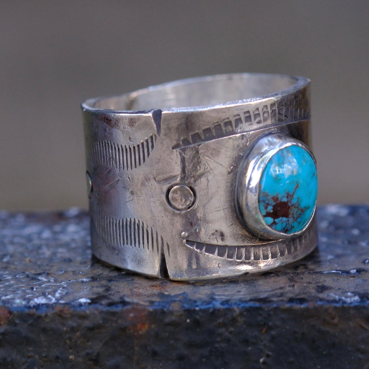 Sterling Silver Bisbee Turquoise Stamped Cigar Band Ring 11